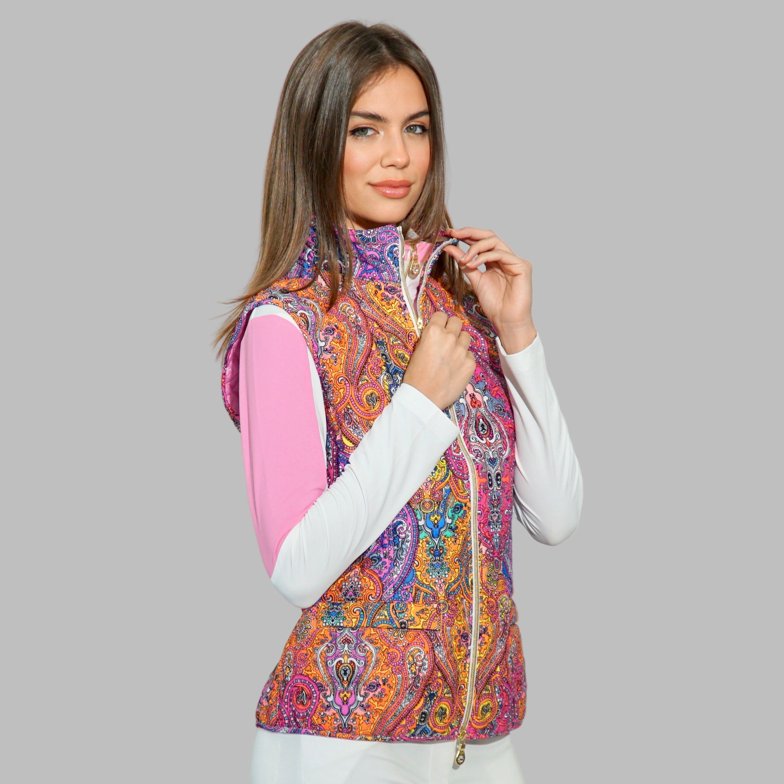 Flavia Vest in Pink Paisley jewels- Quilted Lycra inner Nylon windbreaker