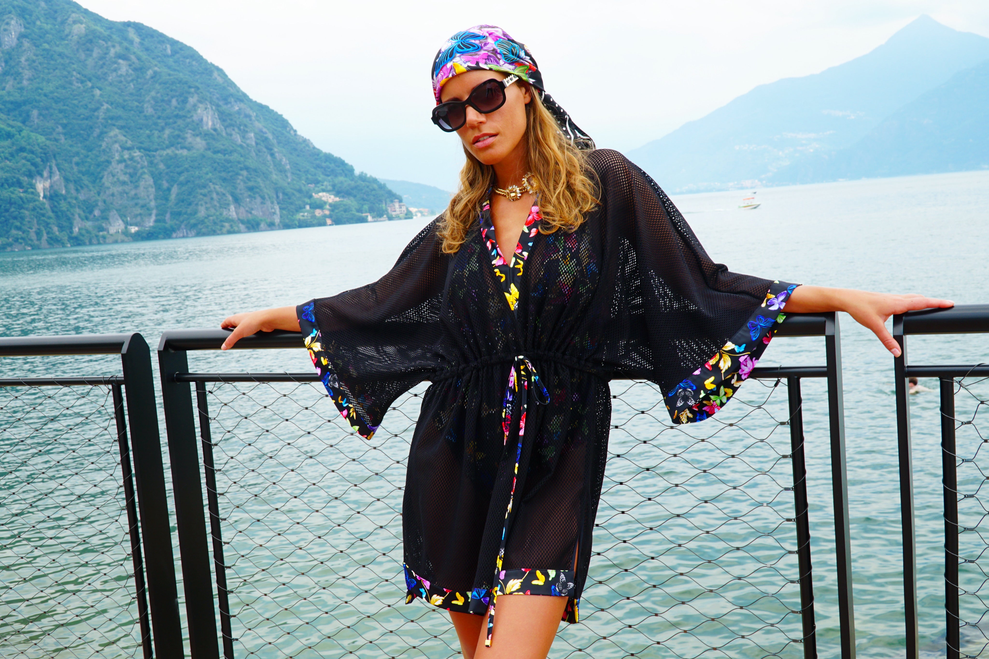 Maggio Kaftan Black-butterfly print Trim