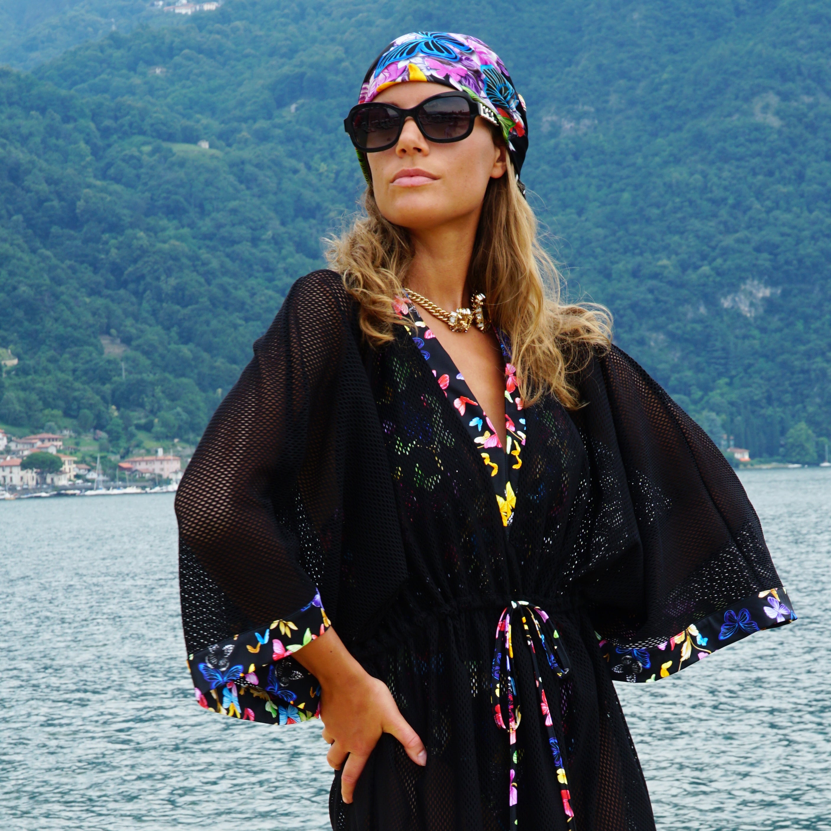 Maggio Kaftan in Black lycra net-butterfly print details