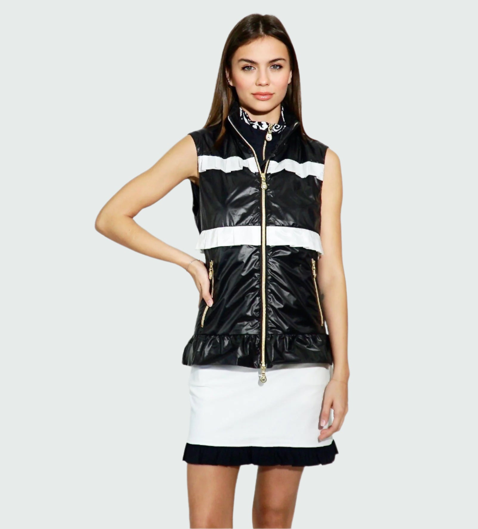 Fiona Vest in Black-White ruffle detail