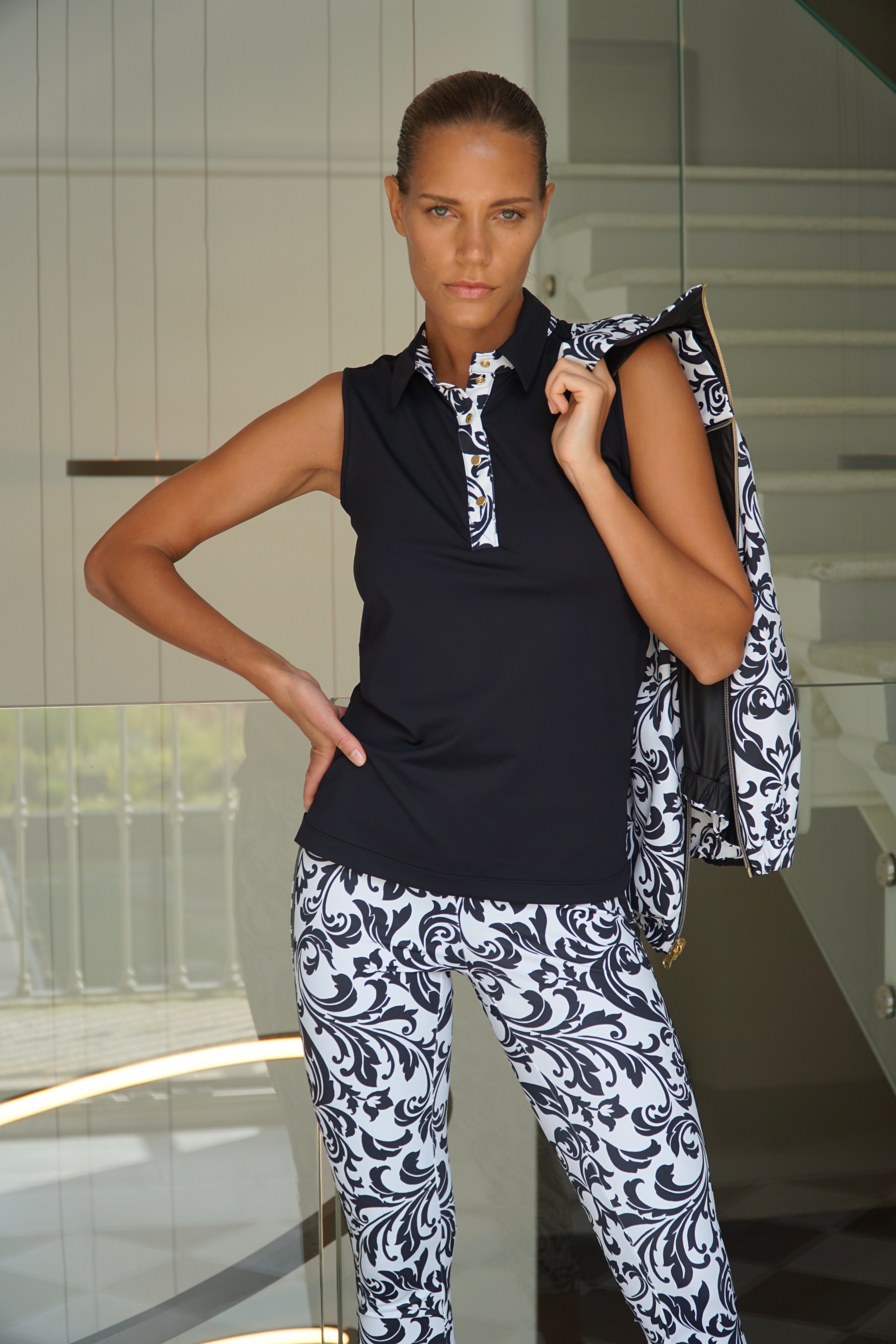 Alina Sleeveless Top in Black/Black Renaissance print