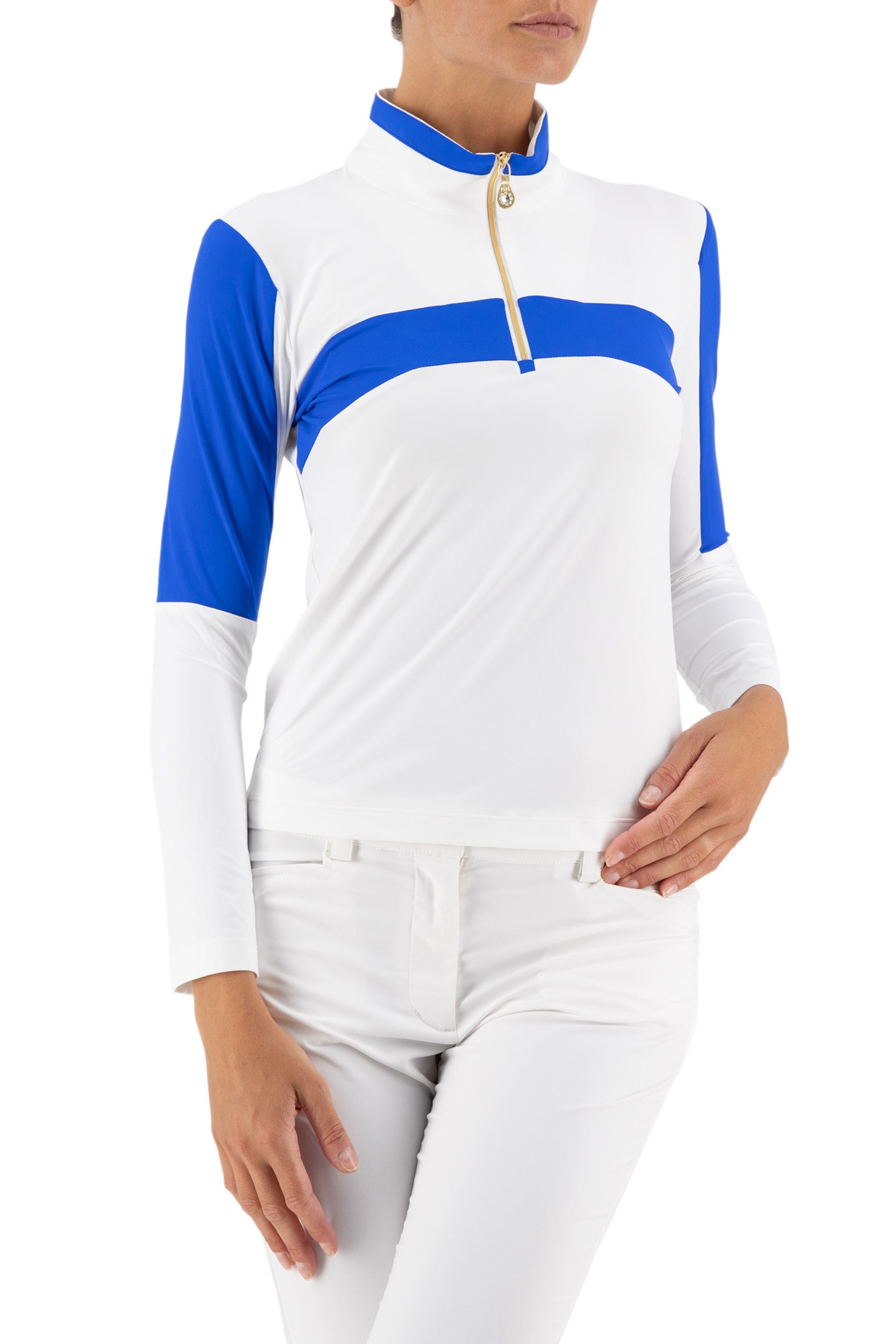 Alessa Long Sleeve 1/4 Zip Top in White/Sardegana Blue