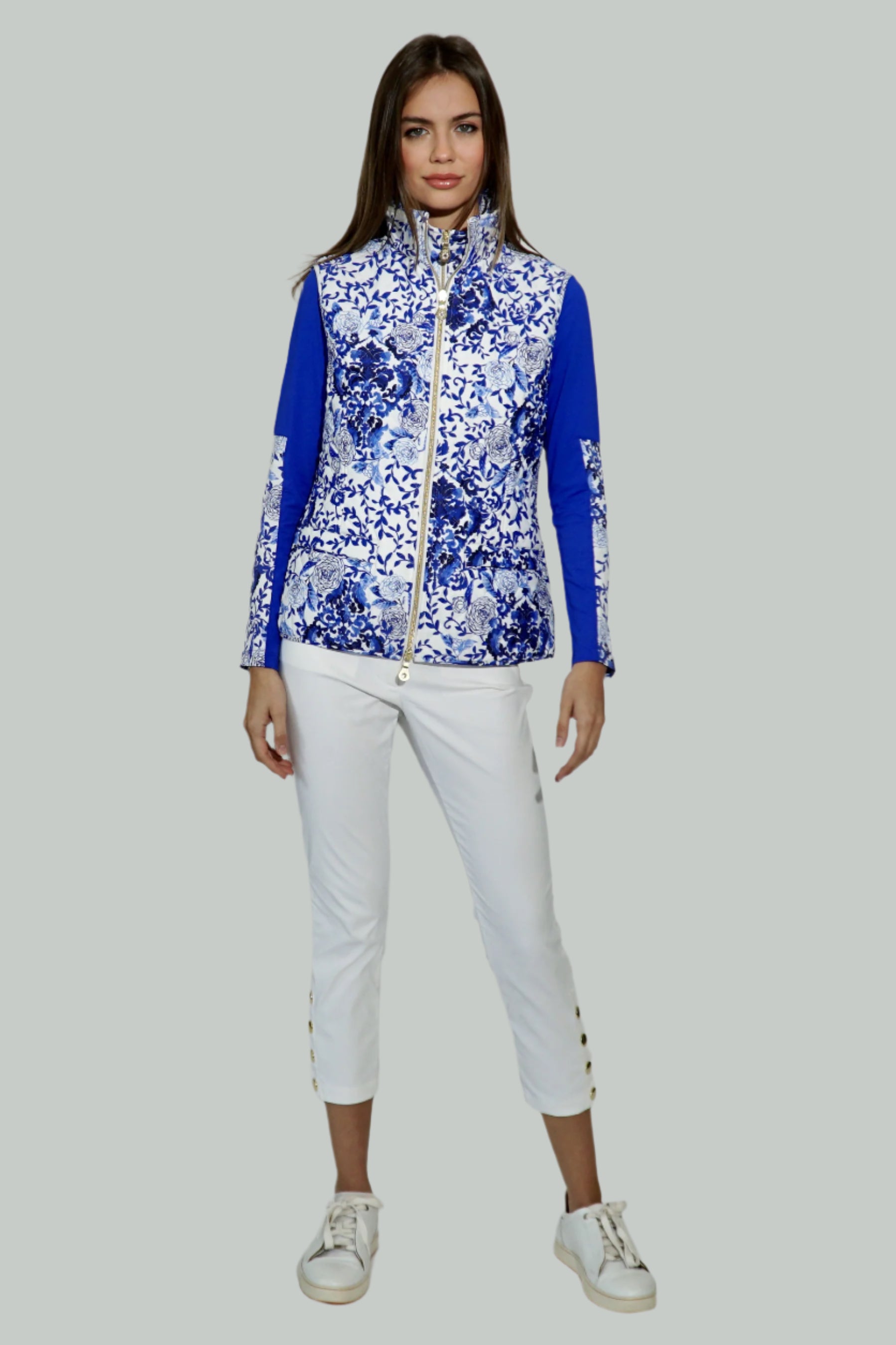 Costa Crop Pant with Gold Snap hem In White Bi-stretch from Milano, Italy