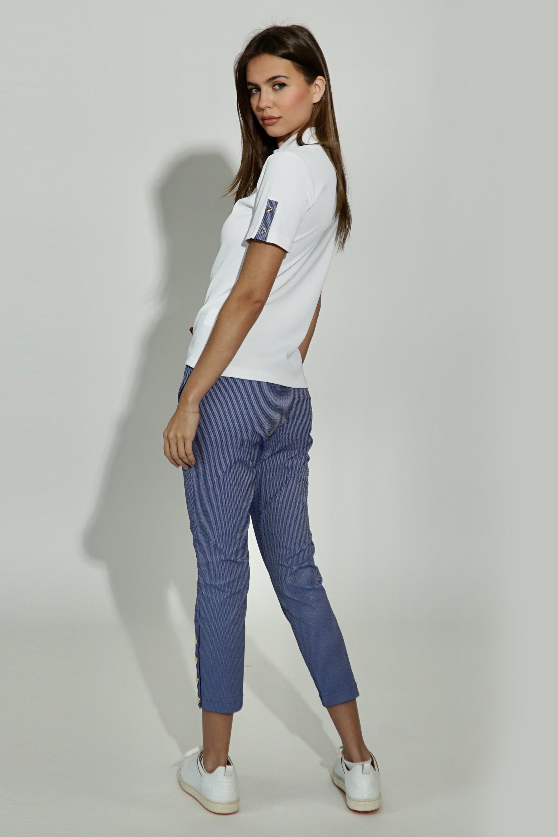 Bettina Crop Pant in Royal Bue Pebble Jacquard w. zipper side panel