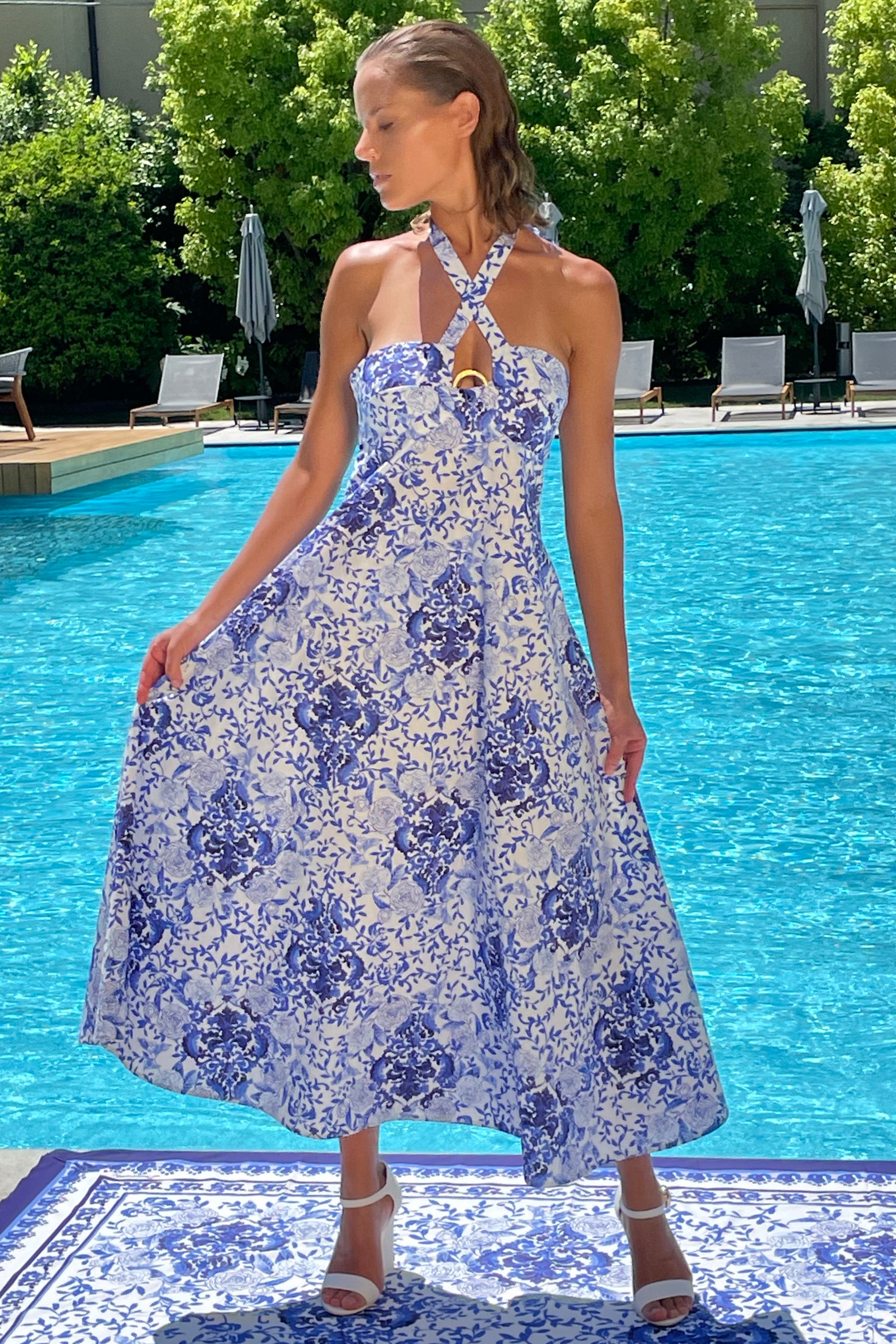 Florentina Halter Dress w/ring detail in Medallion Print