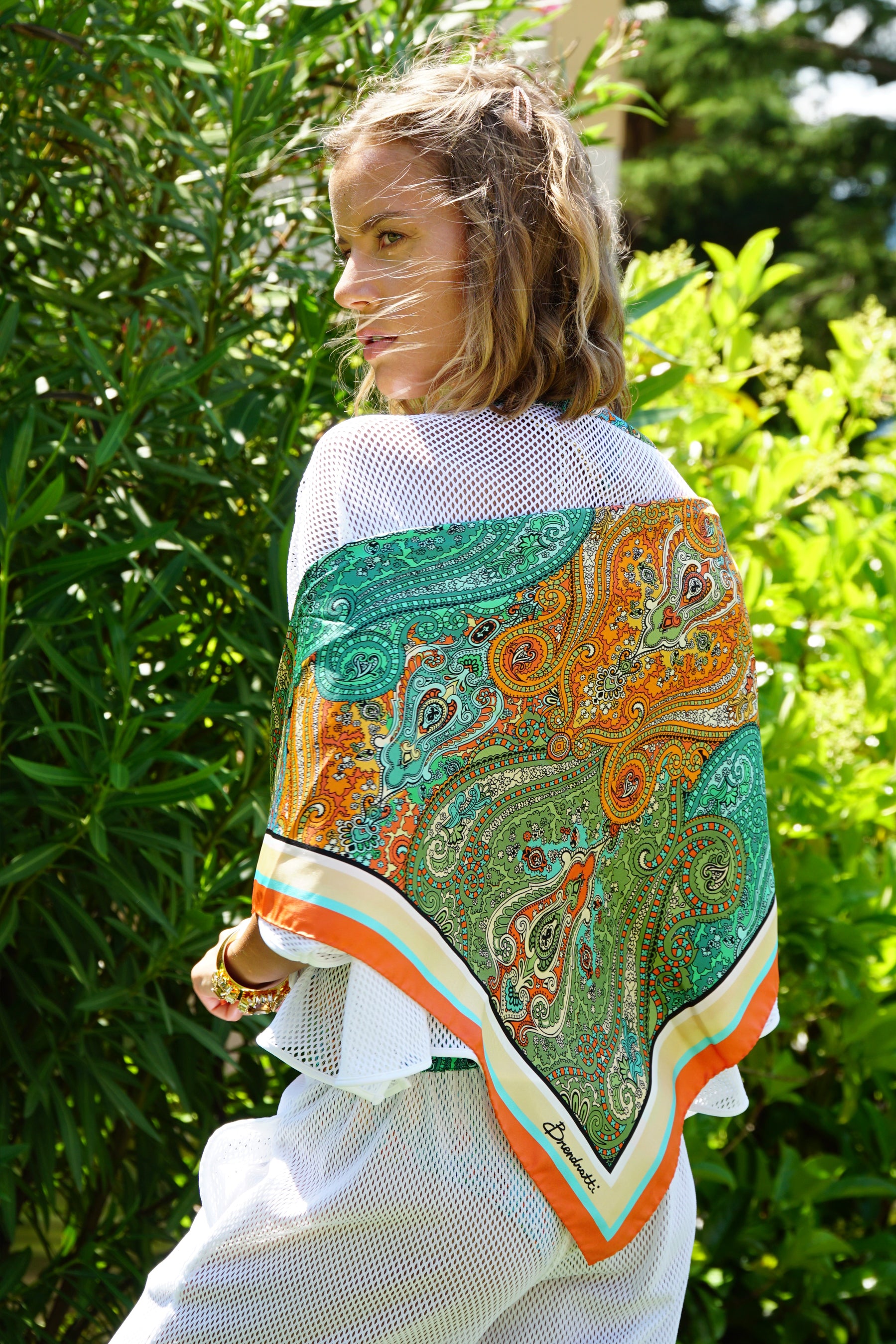 Silk Twill Scarf in Aqua Jewels print, Made In Italy