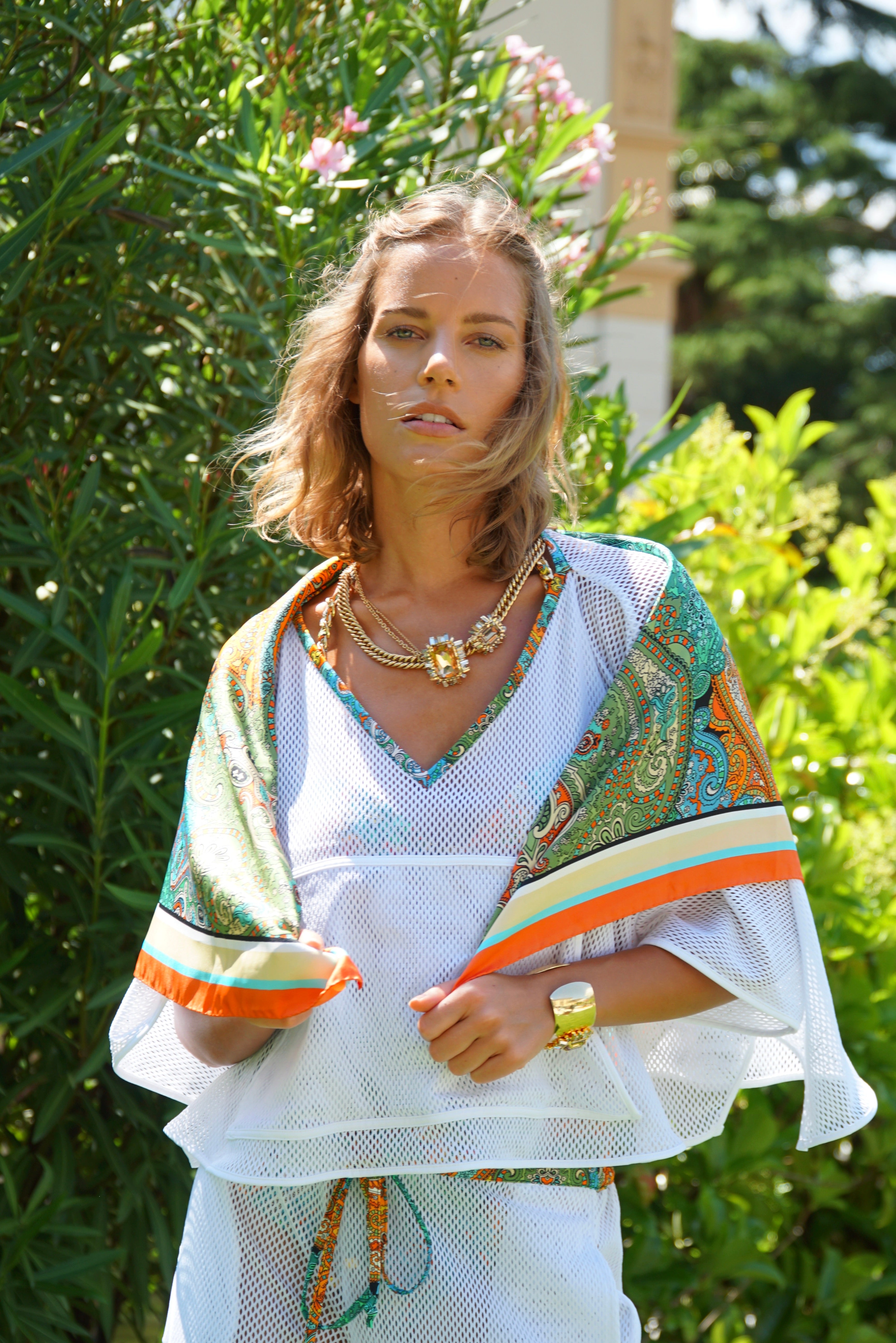 Foulard Italian Silk Twill Scarf in Aqua Jewels print