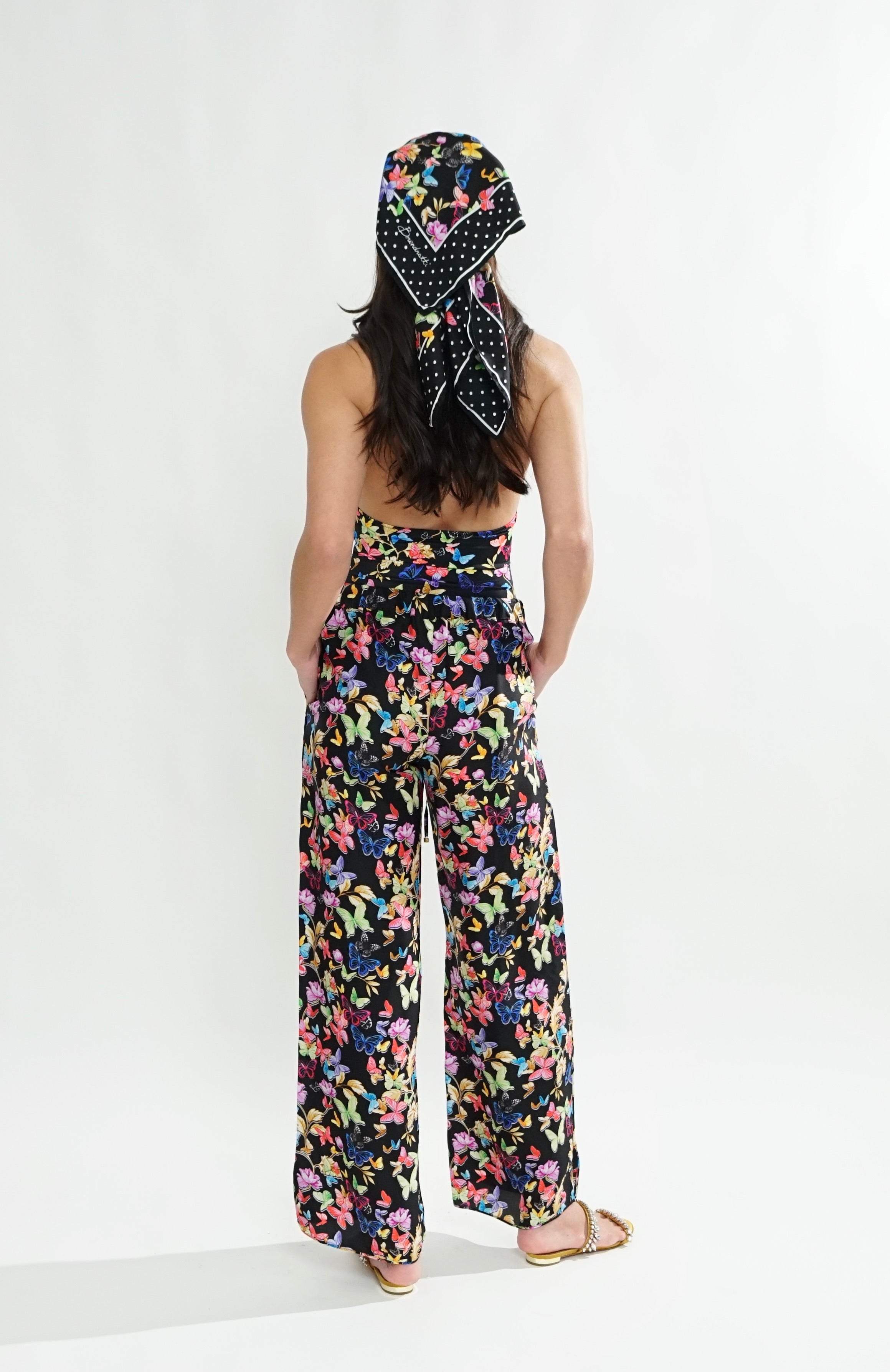 Silk twill Scarf in Black Butterfly, Made In Italy