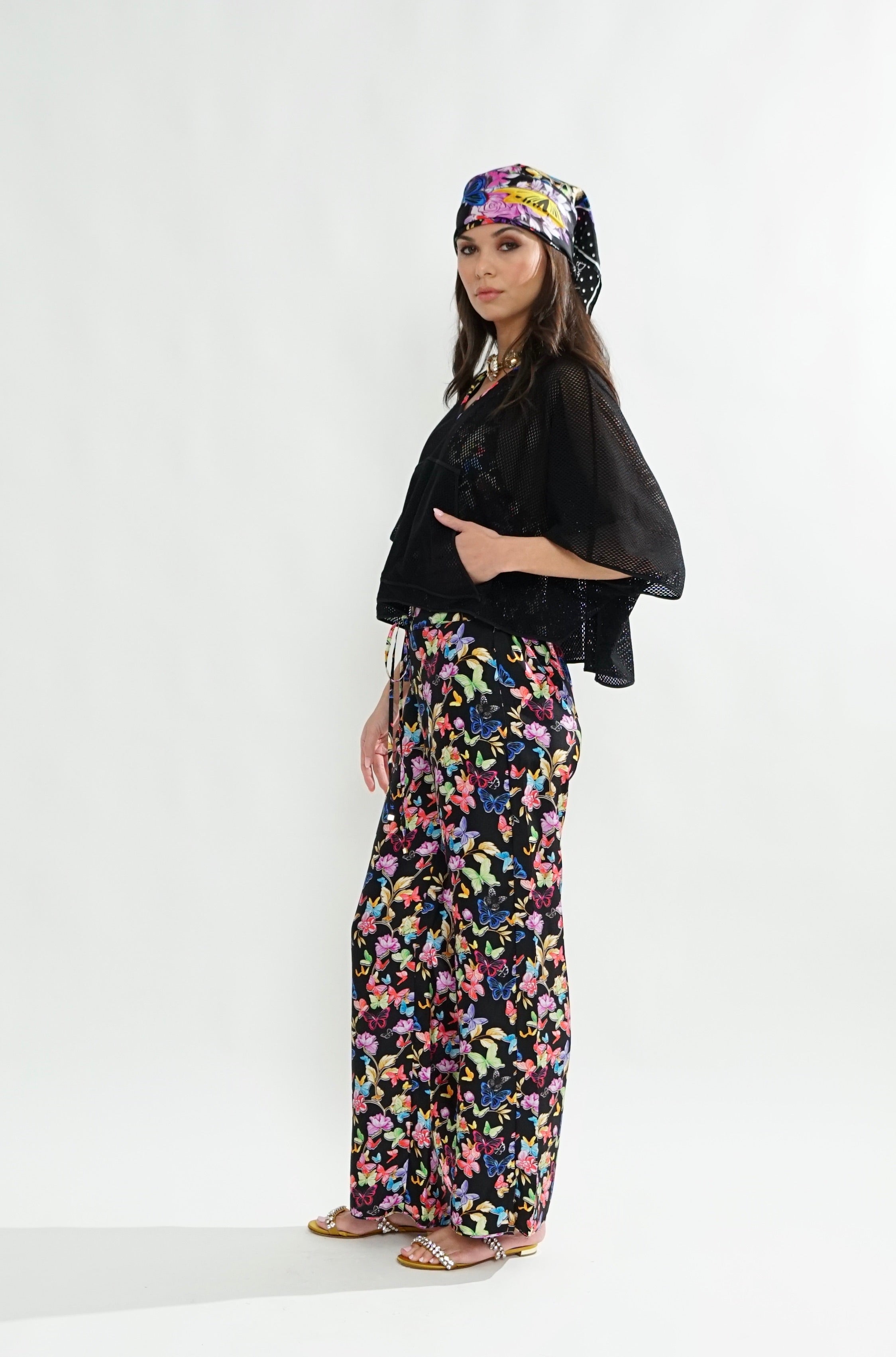 Firenze Cape Top In Black Net and butterfly print