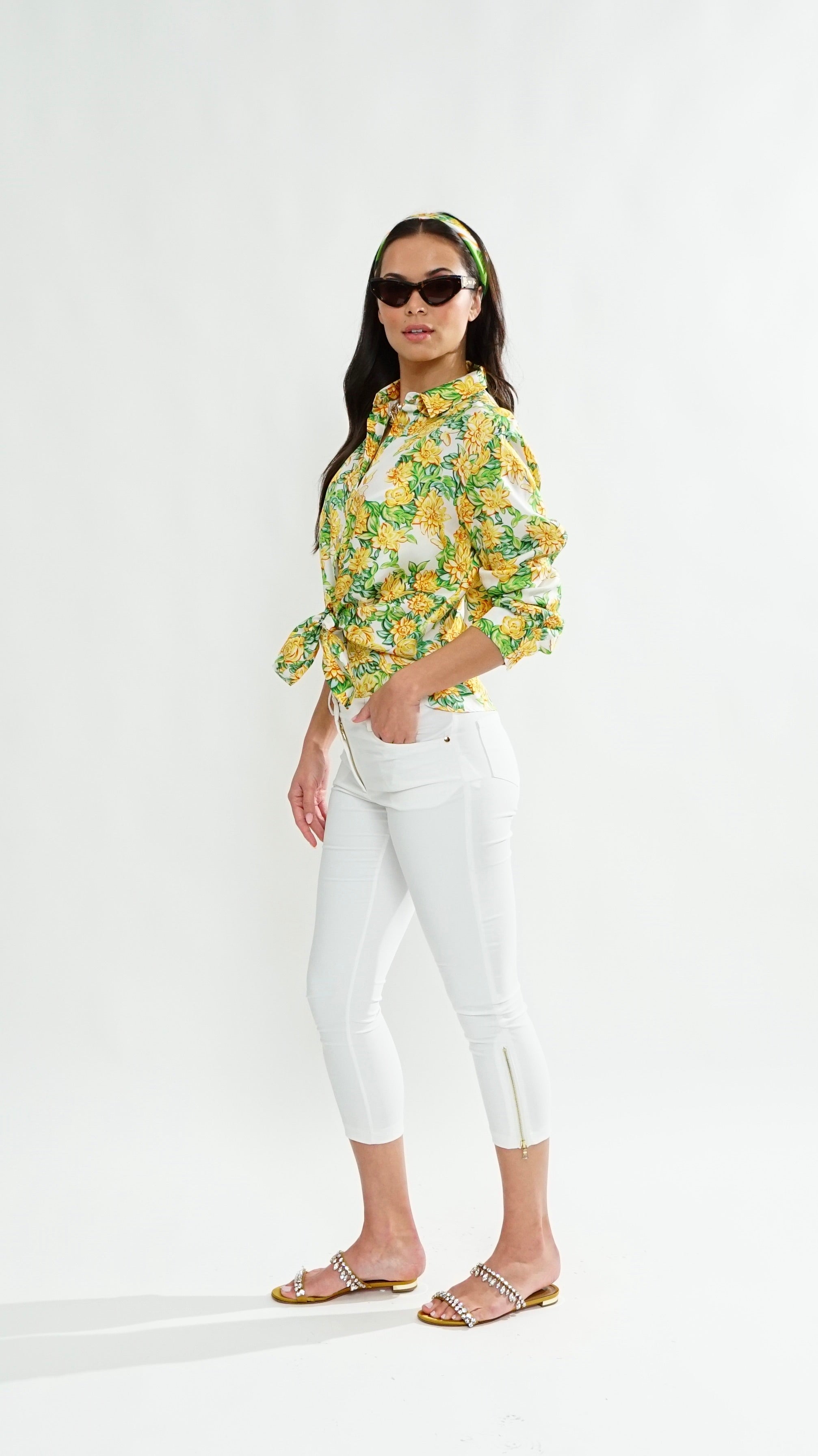 Ischia Silk Twill Bouse in Fiore plaster print with mini gold buttons