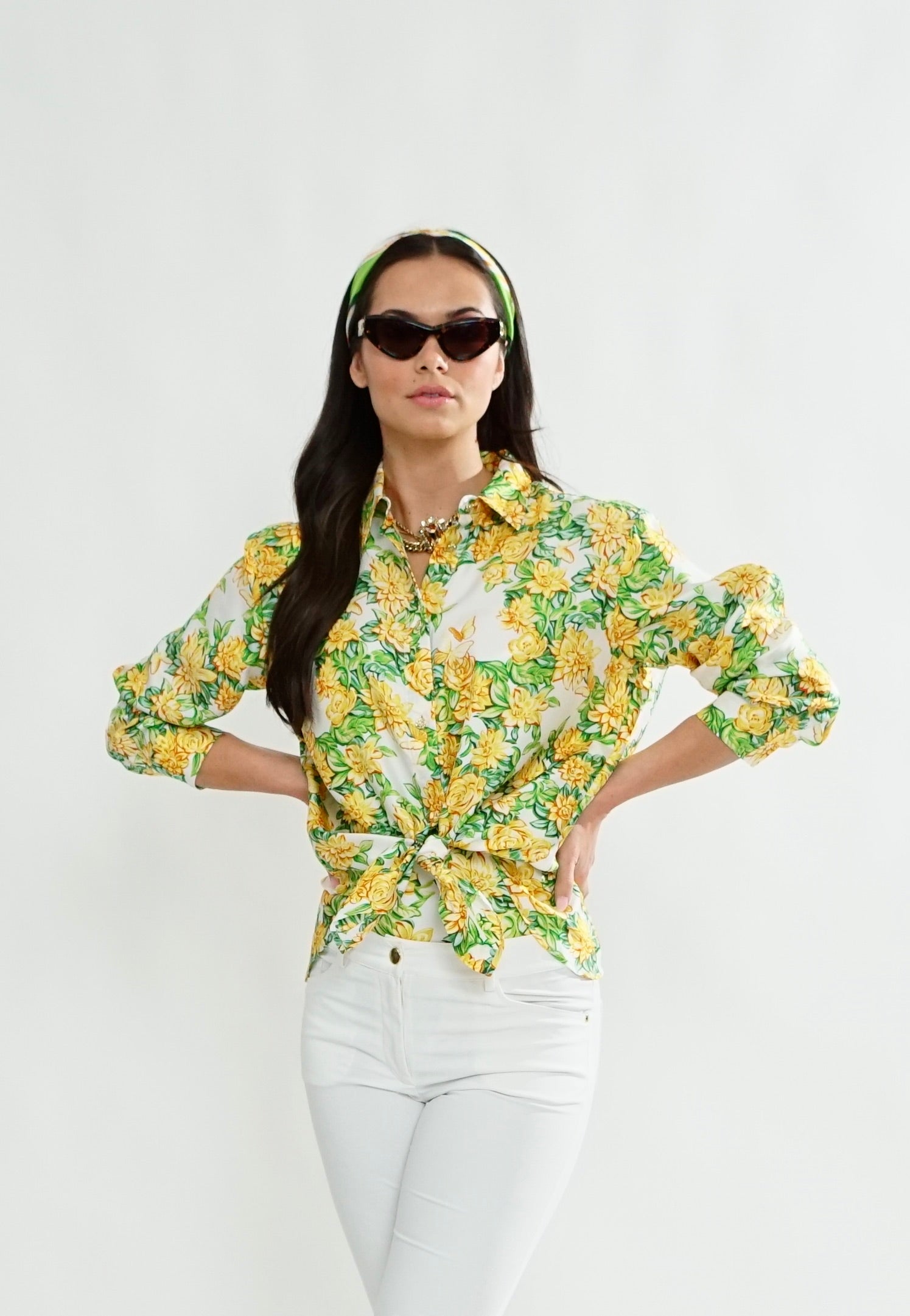 Ischia Silk Twill Bouse in Fiore plaster print with mini gold buttons