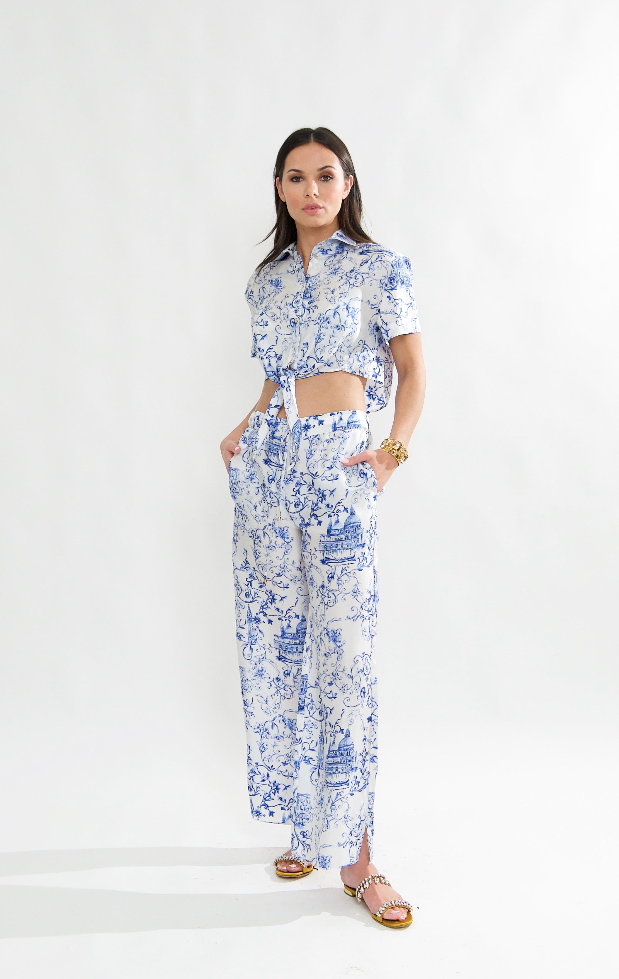 Portofino Silk Pants, in Venezia Print Made In Italy