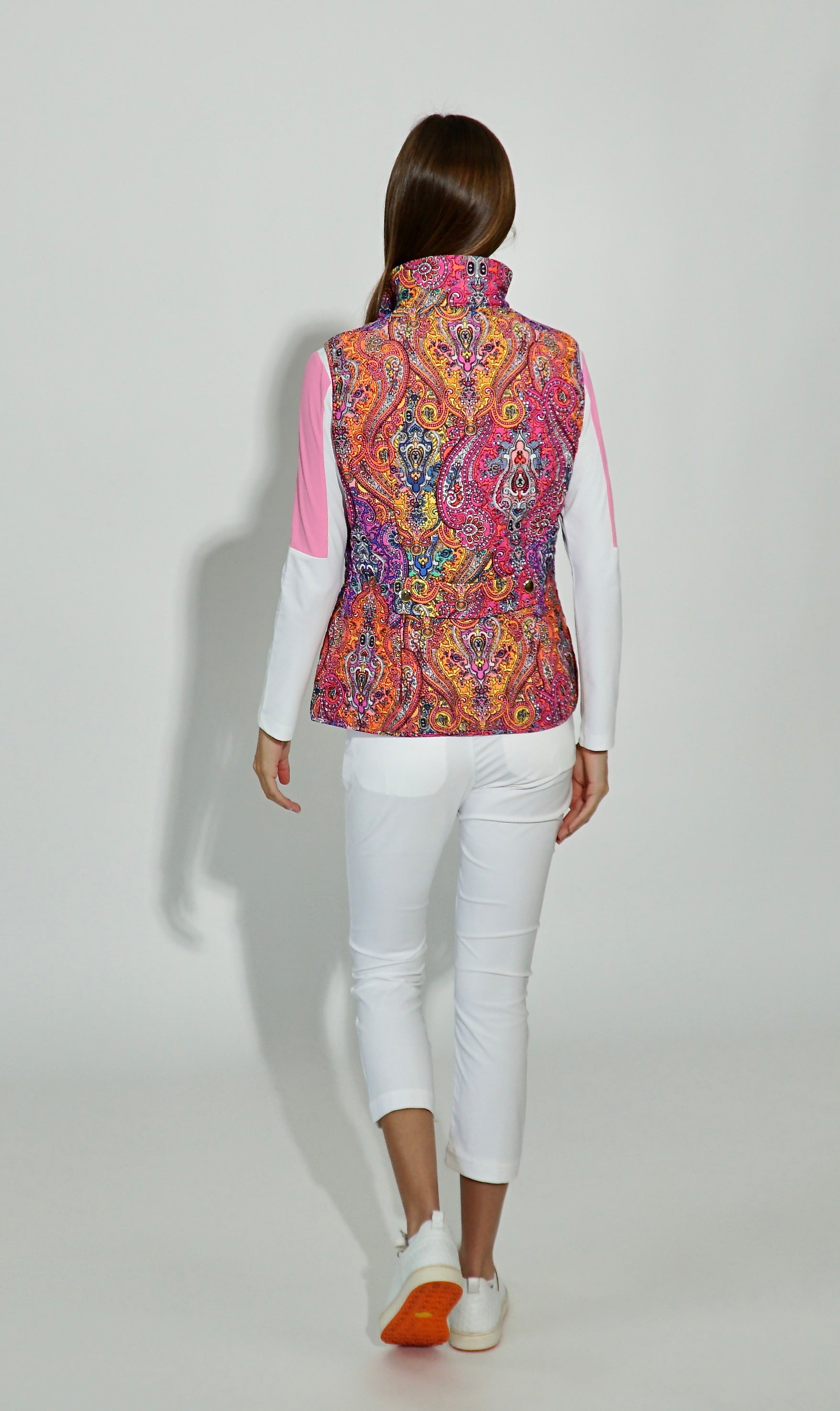 Gina Cropped Trouser in White/Pink Paisley slit trim