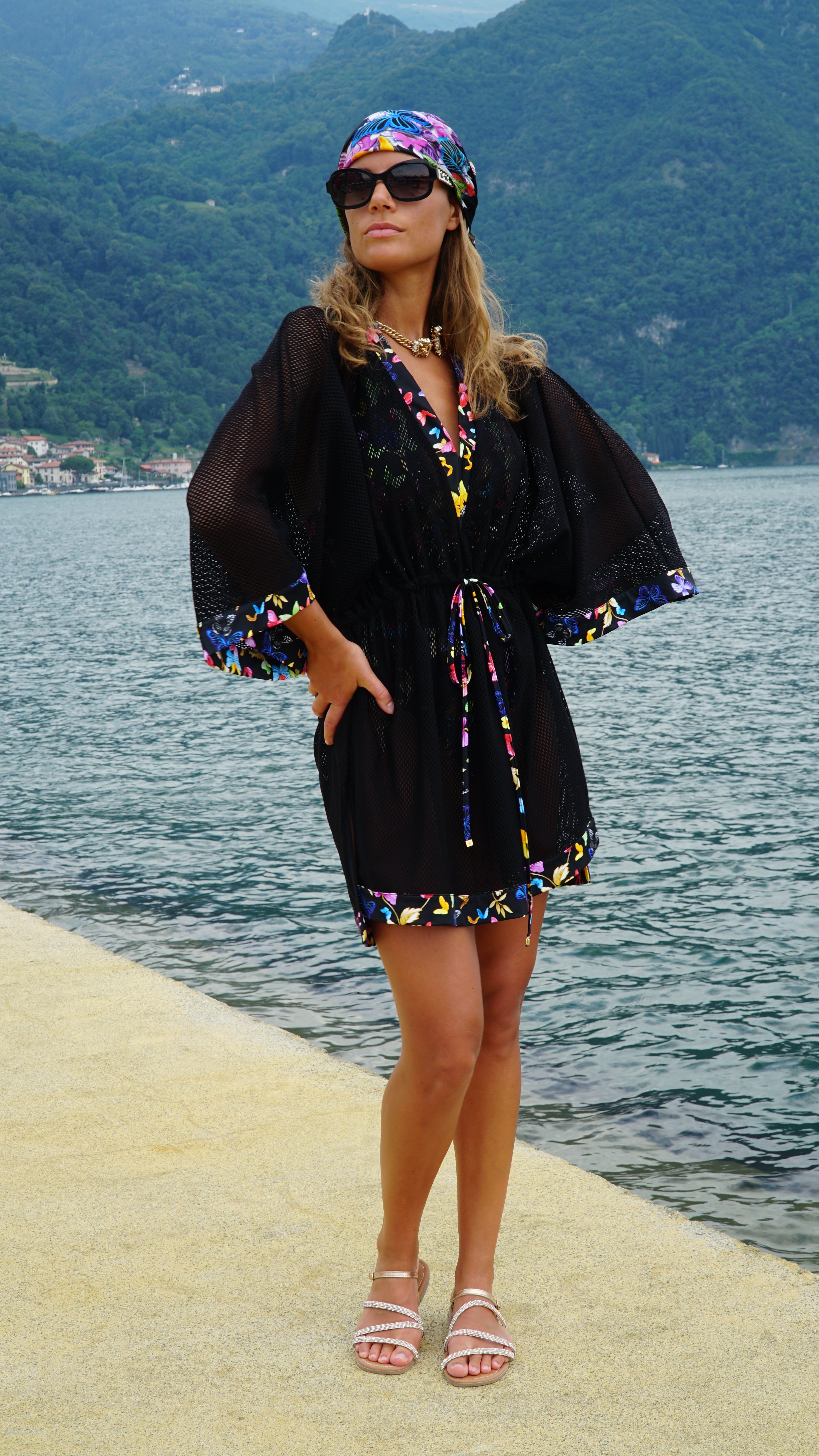 Maggio Kaftan in Black lycra net-butterfly print details