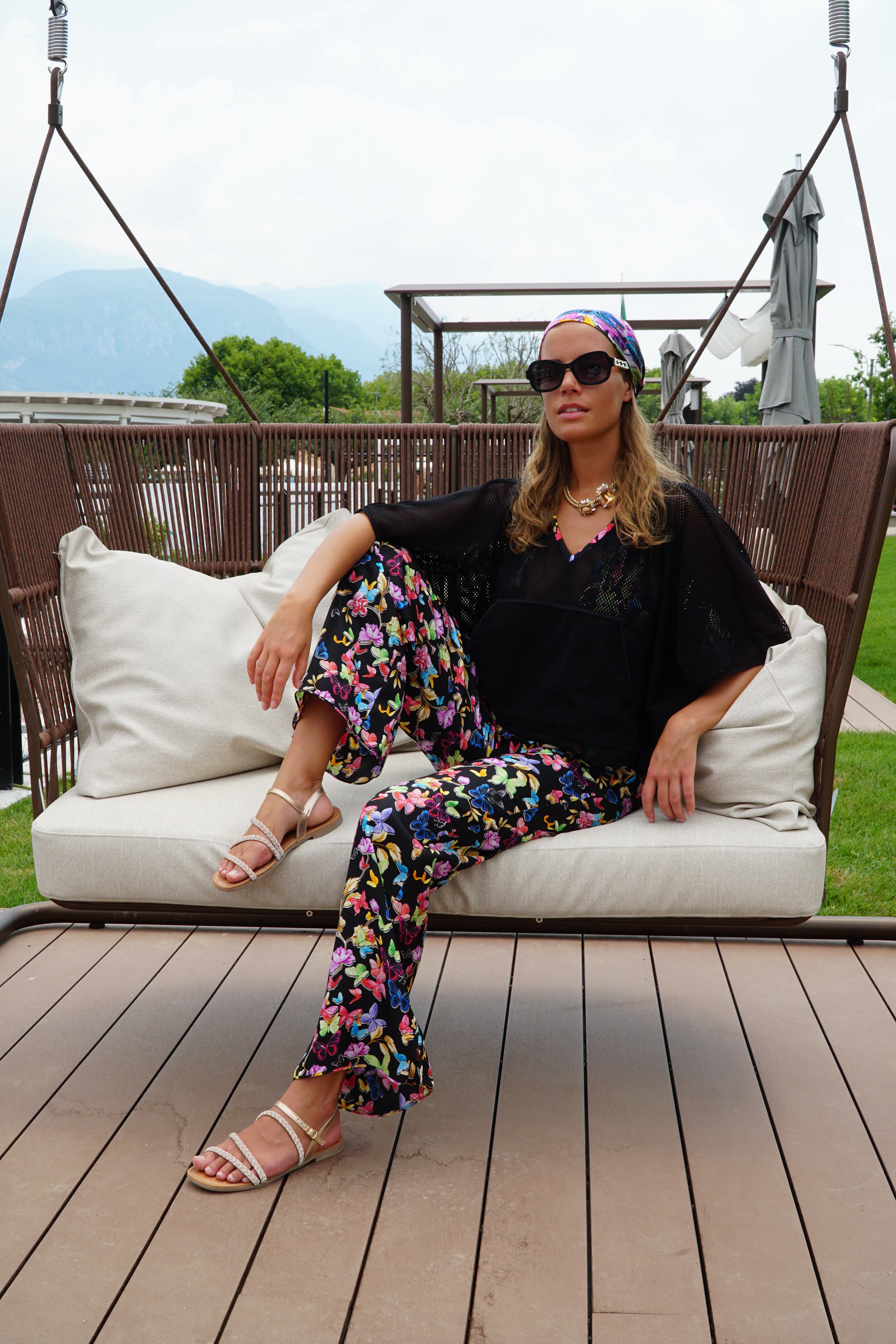 Firenze Cape Top In Black Net and butterfly print