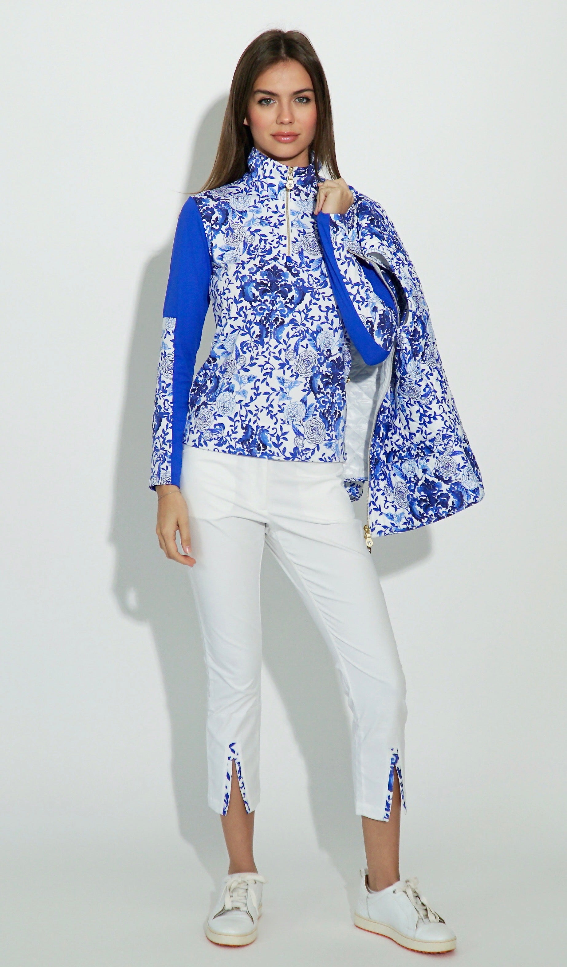 Gina Cropped Trouser in Solid White-Medallion print trim