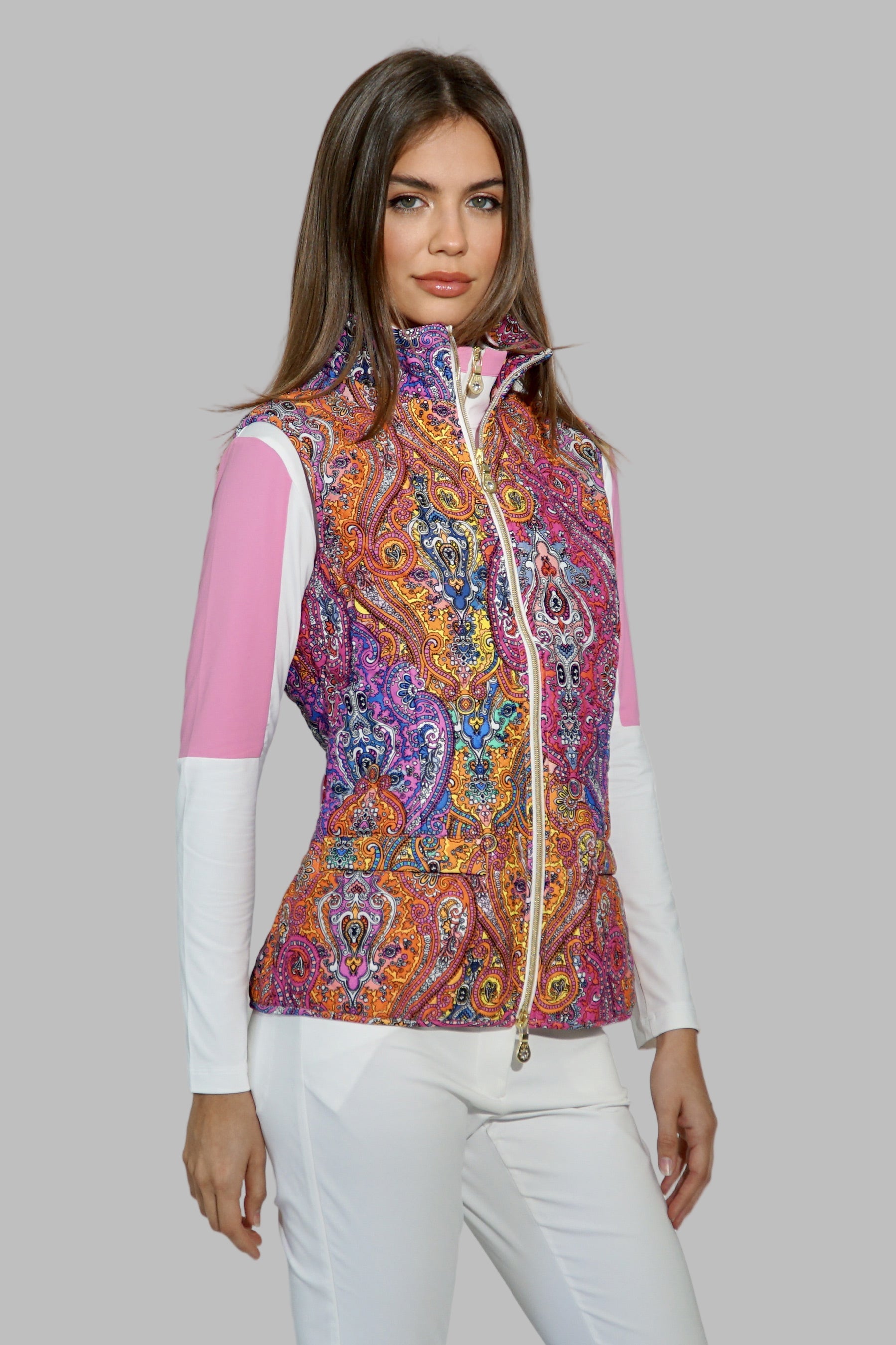 Flavia Vest in Pink Paisley jewels- Quilted Lycra inner Nylon windbreaker