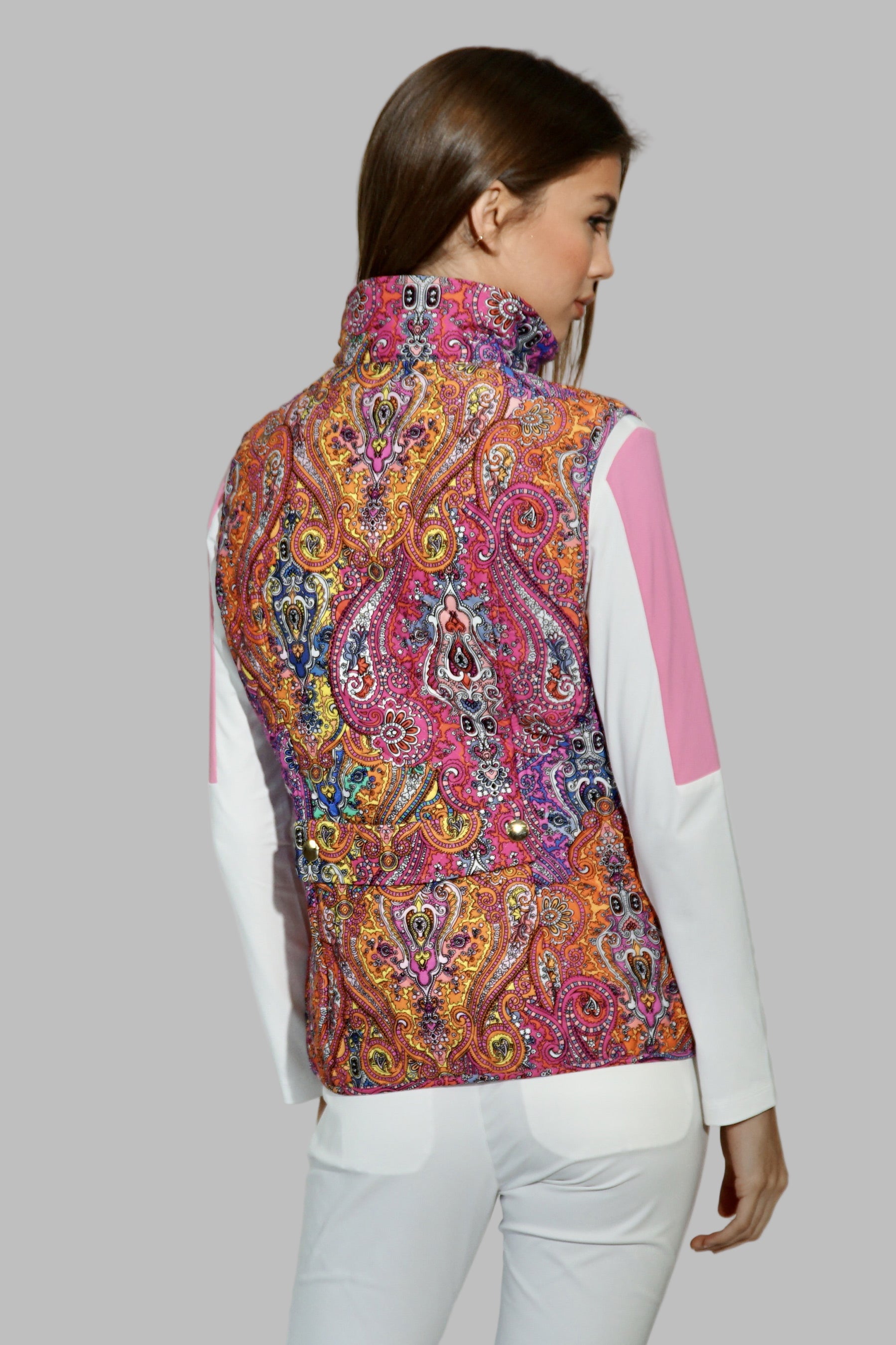Flavia Vest in Pink Paisley jewels- Quilted Lycra inner Nylon windbreaker