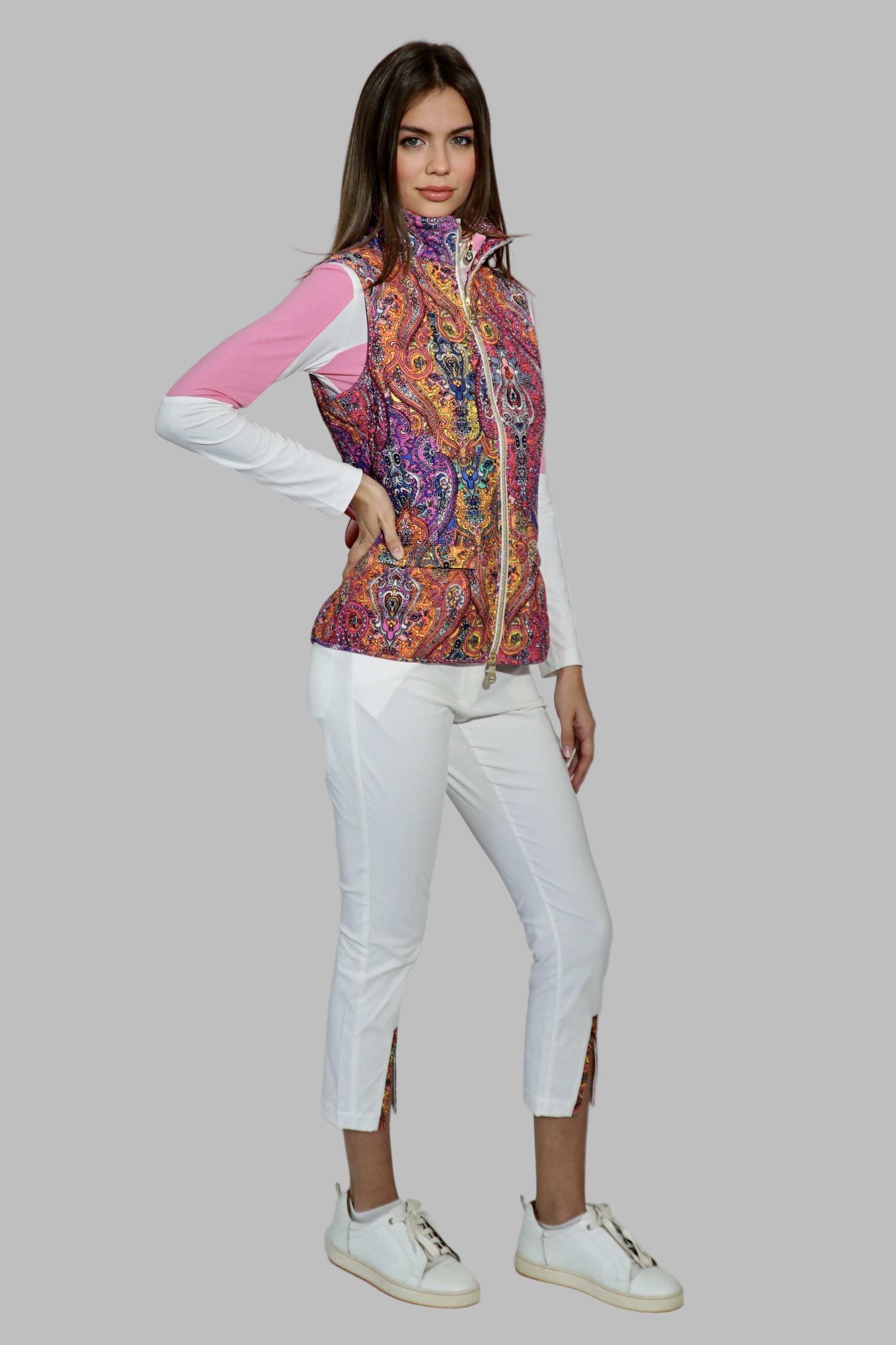 Flavia Vest in Pink Paisley jewels- Quilted Lycra inner Nylon windbreaker