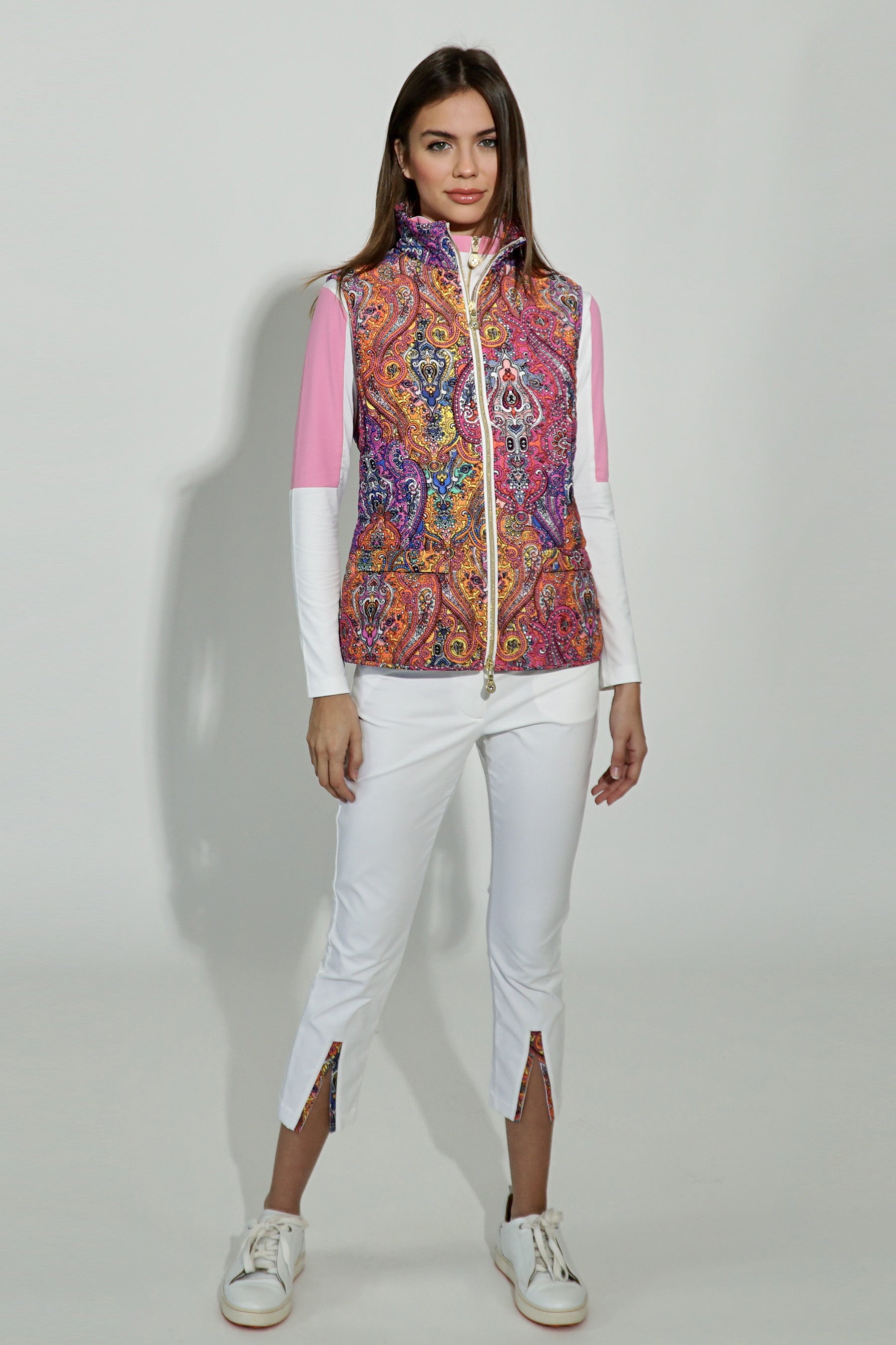 Gina Cropped Trouser in White/Pink Paisley slit trim