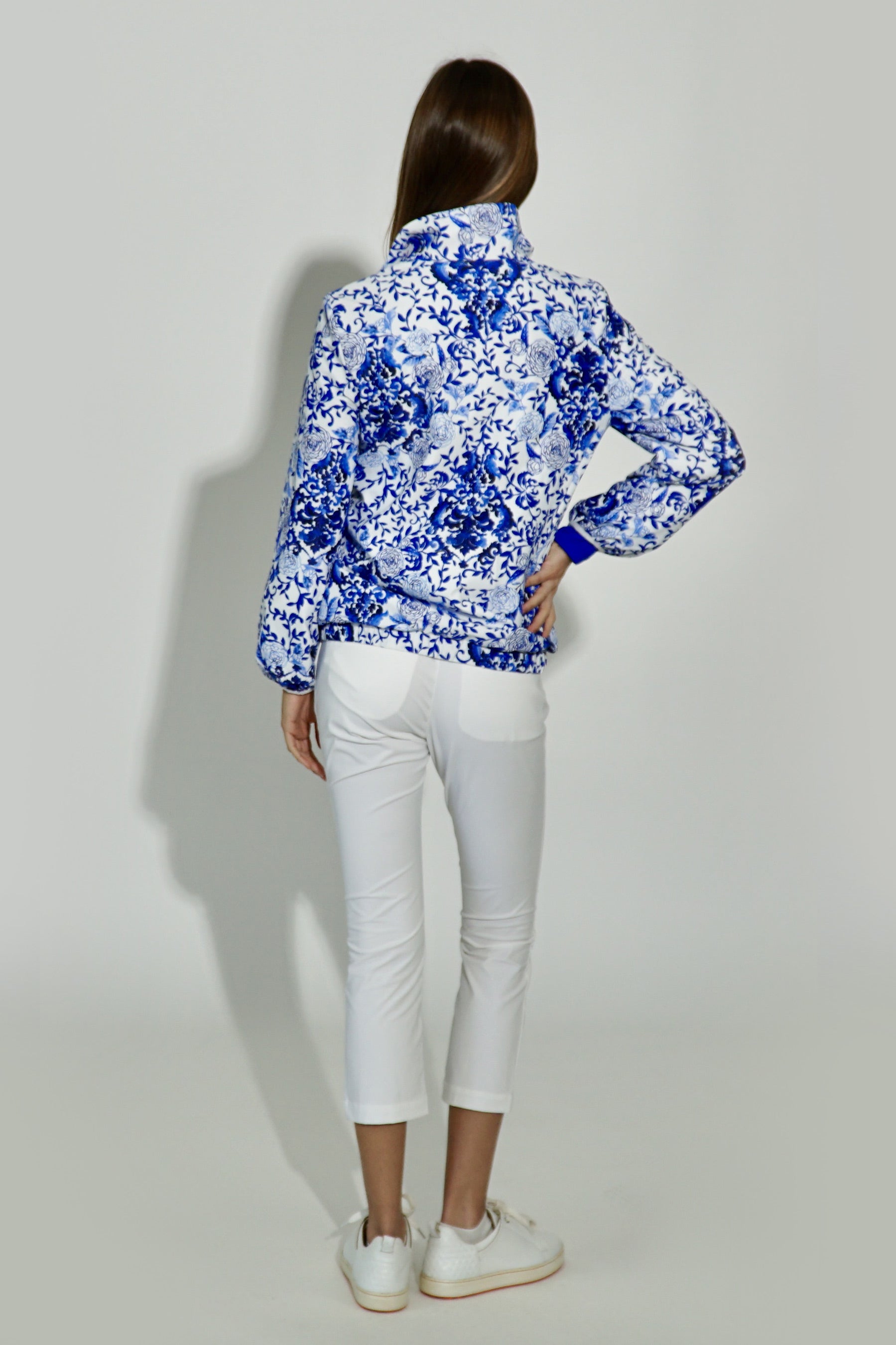 Gina Cropped Trouser in Solid White-Medallion print trim
