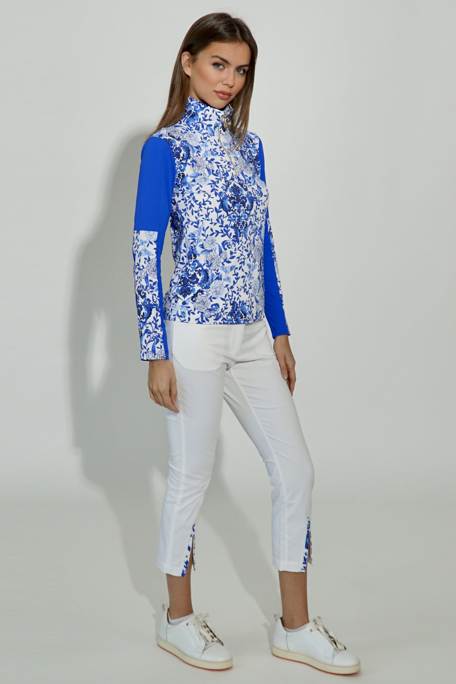 Gina Cropped Trouser in Solid White-Medallion print trim