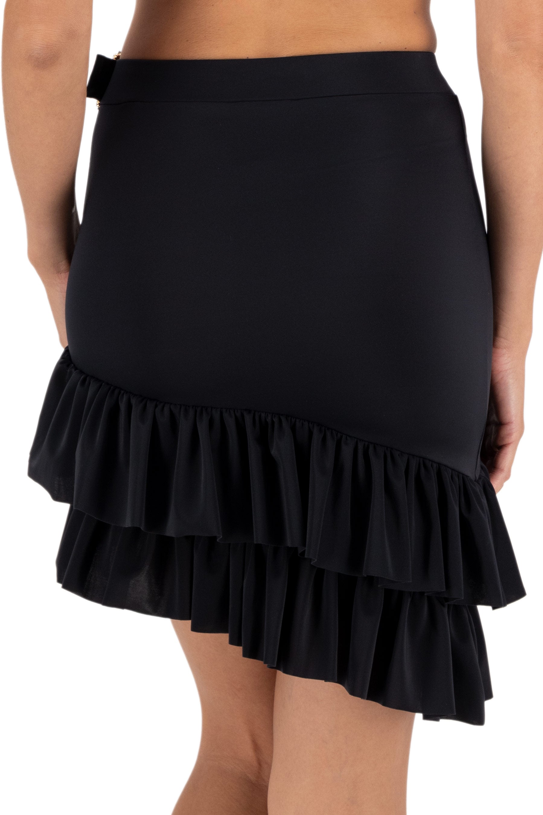 Gia Crystal Buckle Skirt with asymmetrical ruffle in Nero