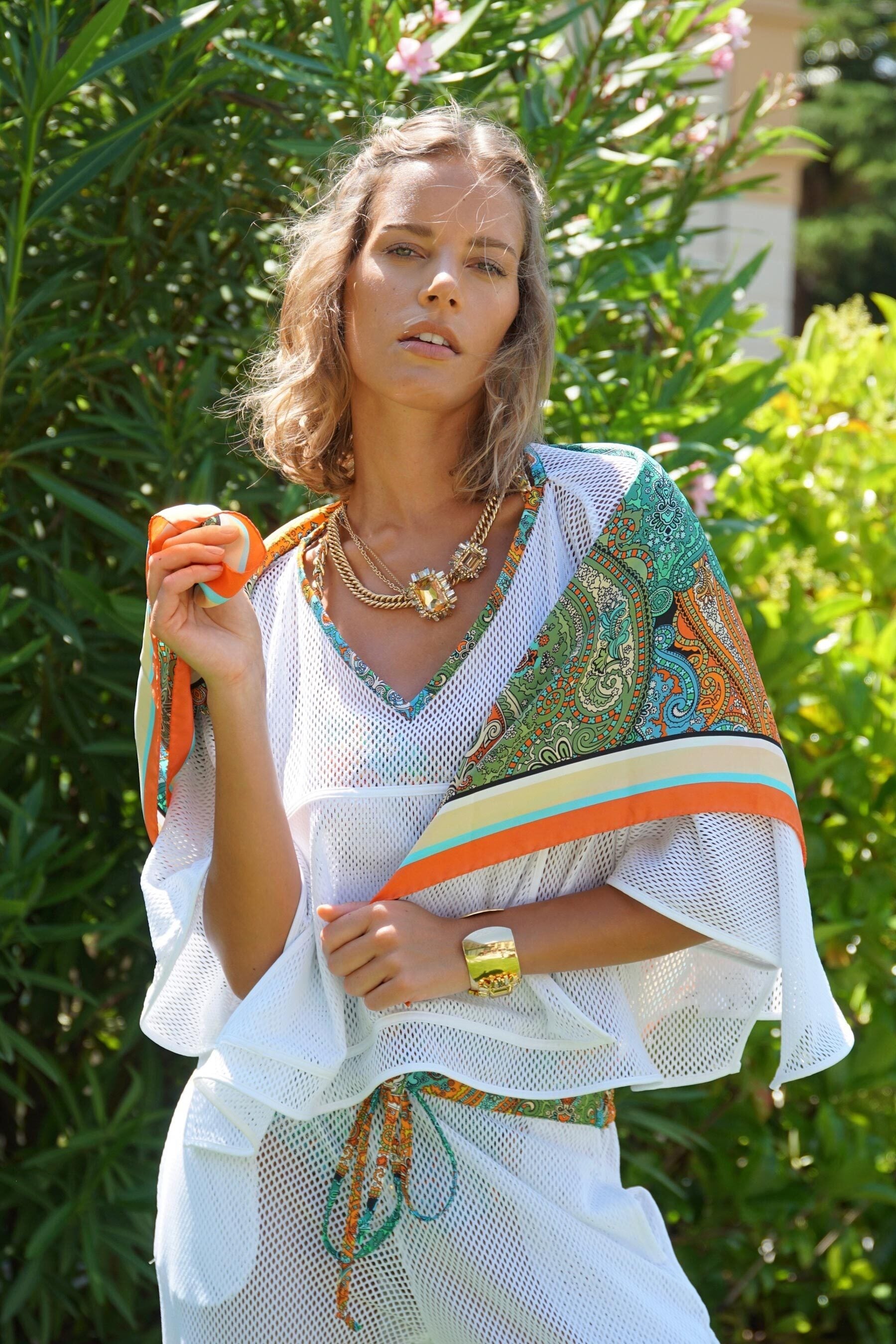 Silk Twill Scarf in Aqua Jewels print, Made In Italy