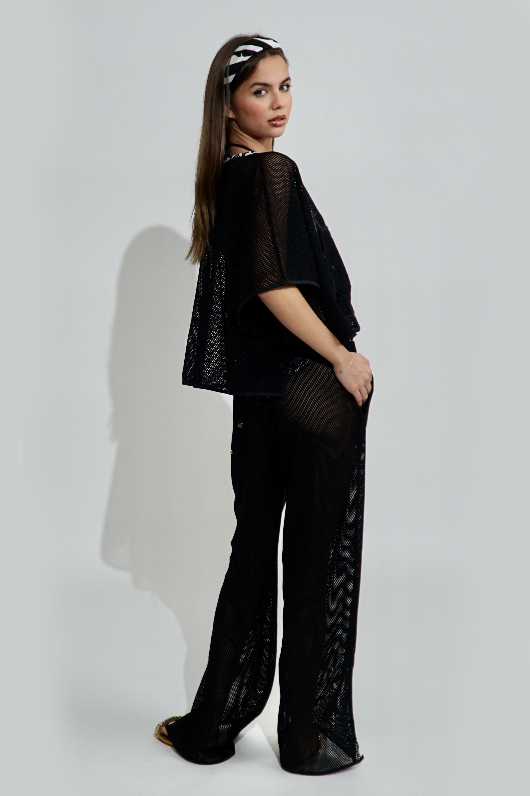 Portofino Net Lounge Pant with pockets in Black- Renaissance print trim