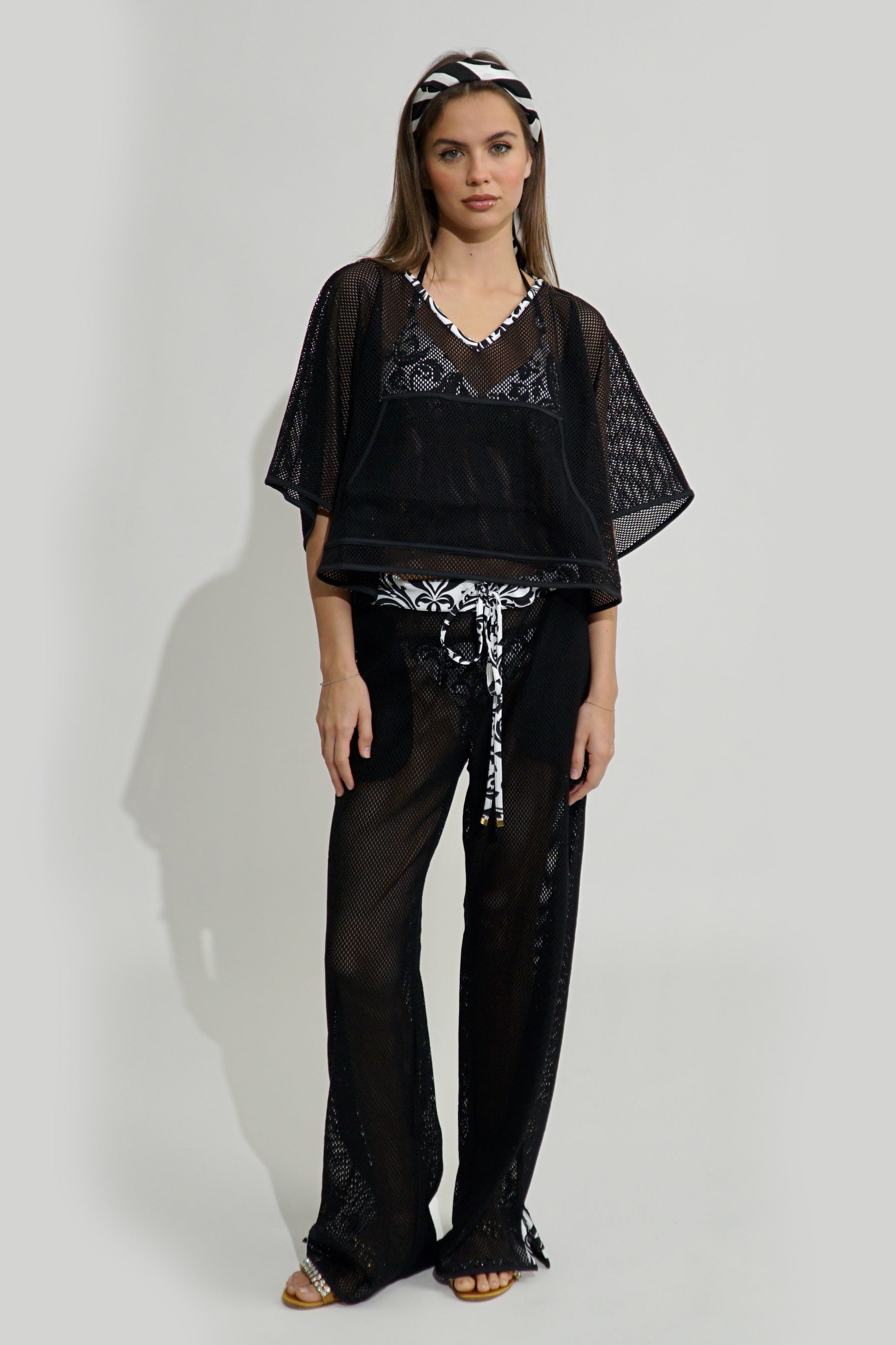 Portofino Net Lounge Pant with pockets in Black/Blk +Wht