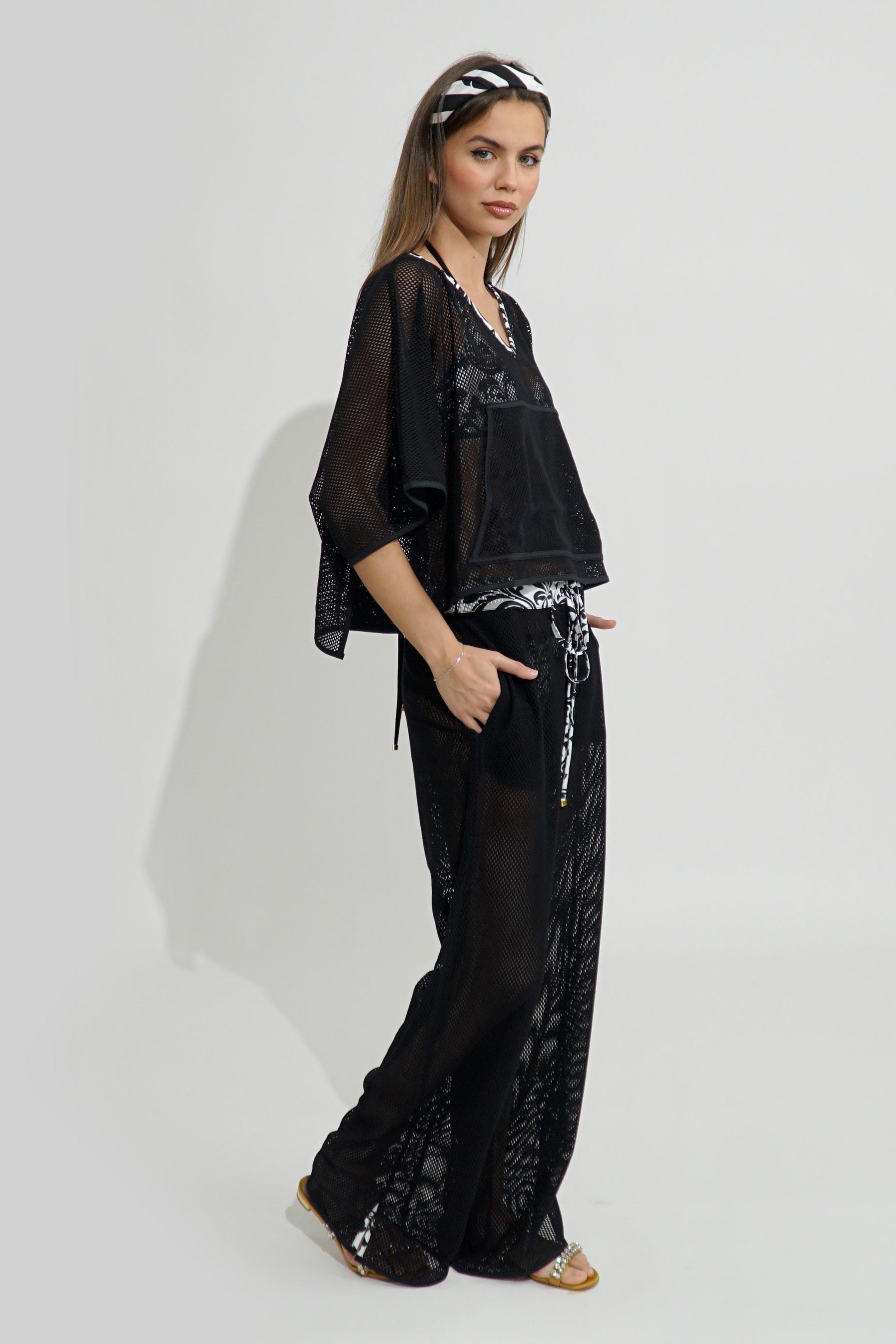 Portofino Net Lounge Pant with pockets in Black- Renaissance print trim