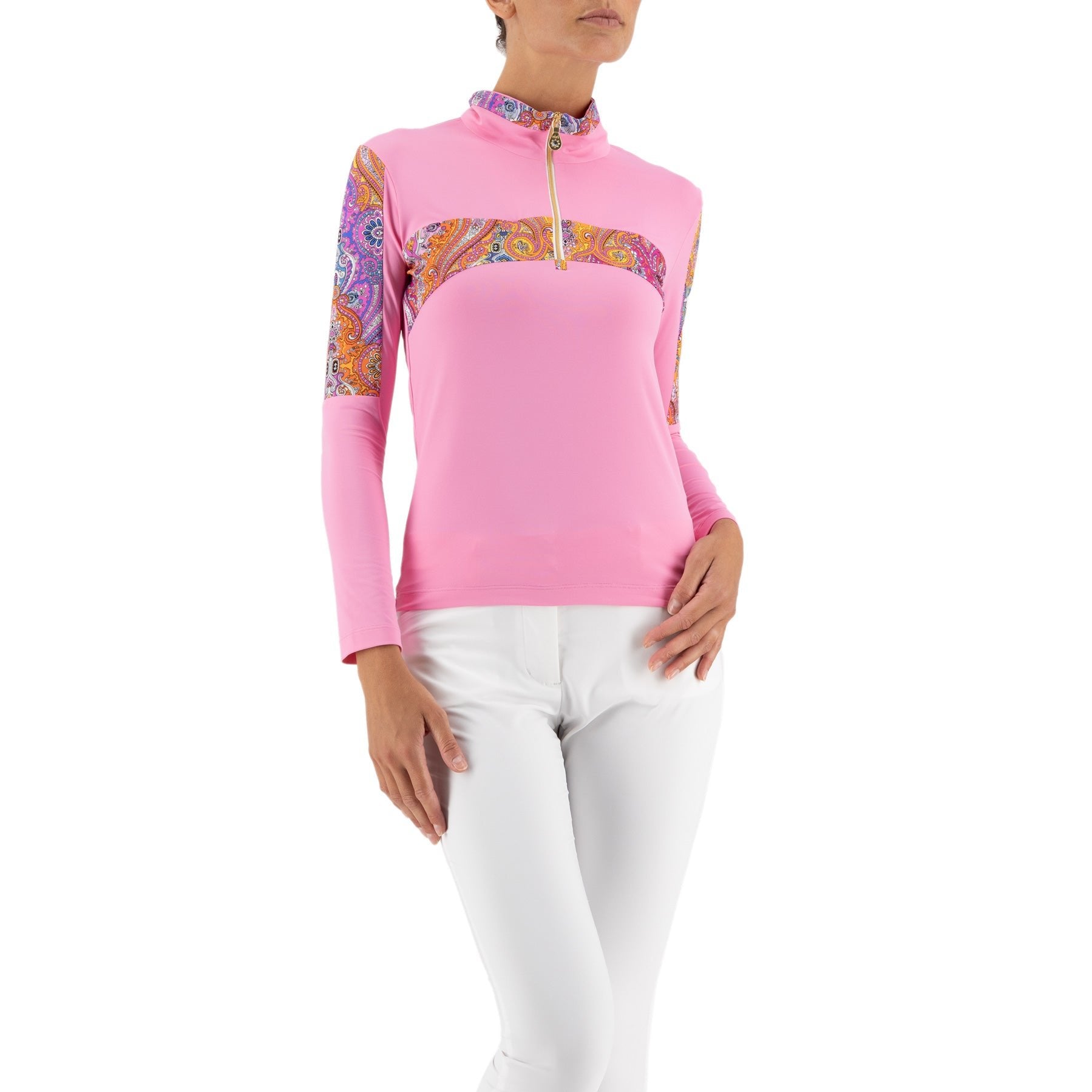 Alessa 2 Long Sleeve Top in Bubblegum Pink-Paisley Jewels print