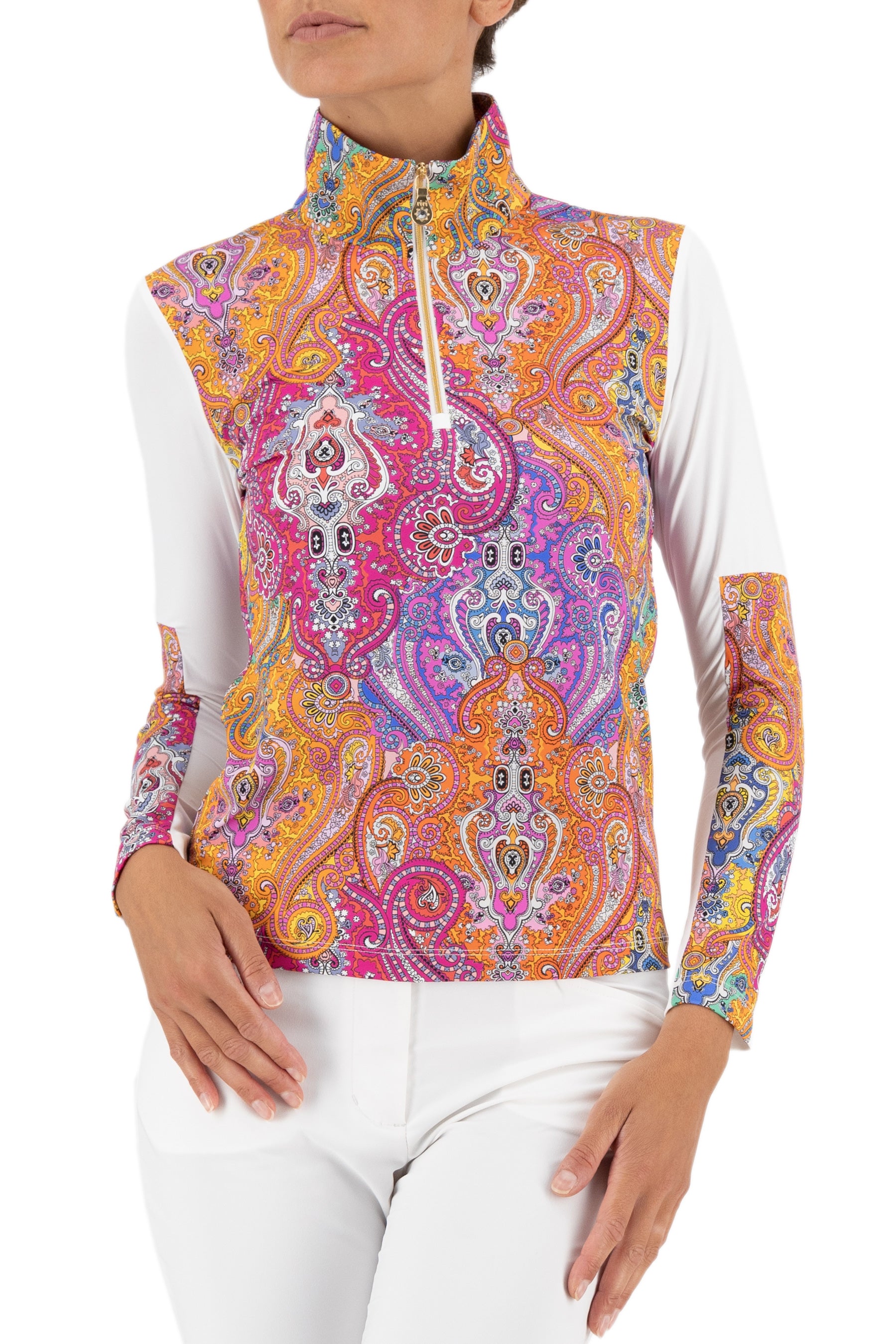 Piza Long Sleeve 1/4 Zip Top in Pink Paisley/White