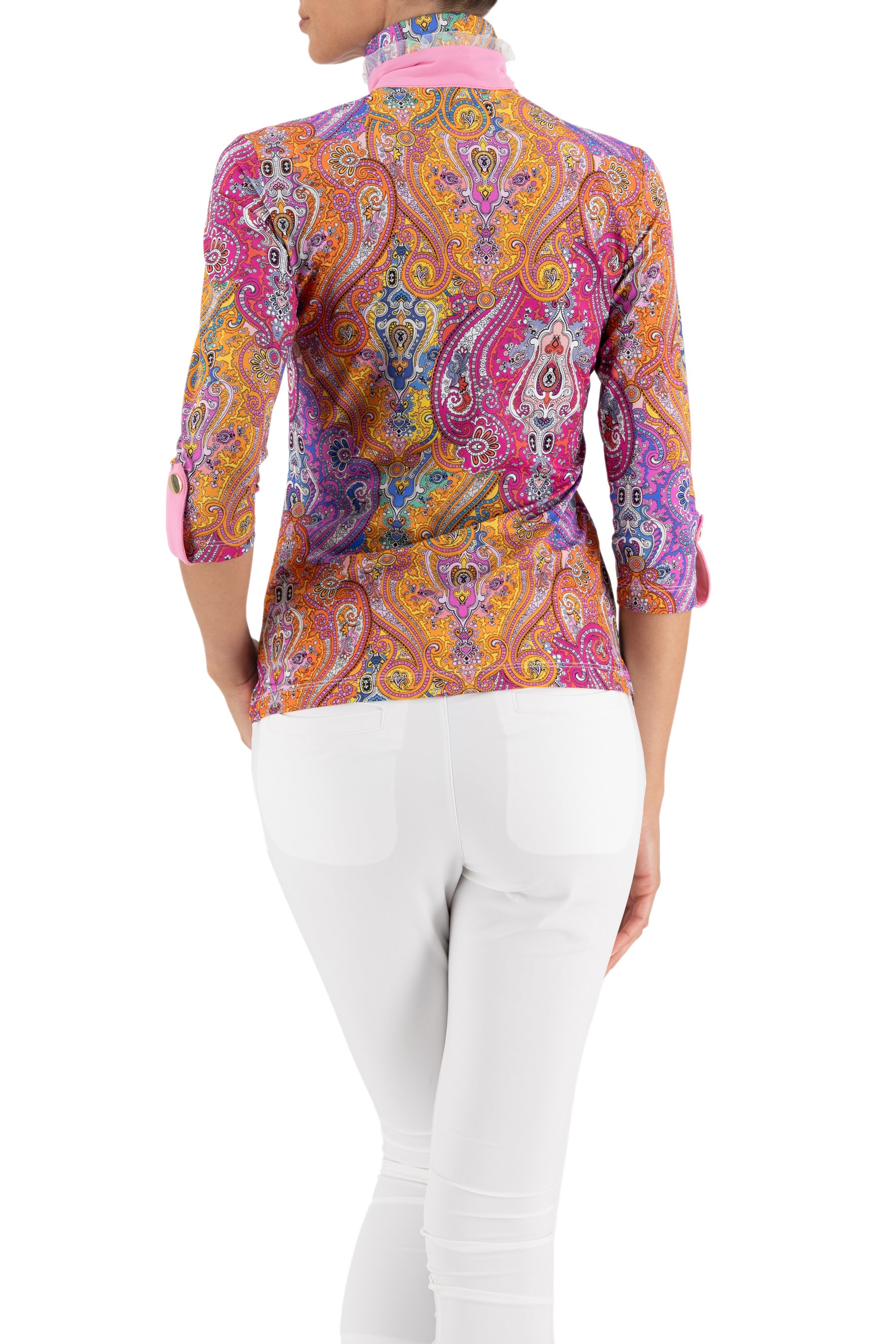 Serena 3/4 Sleeve Top in Pink Paisley-Bubblegum contrast