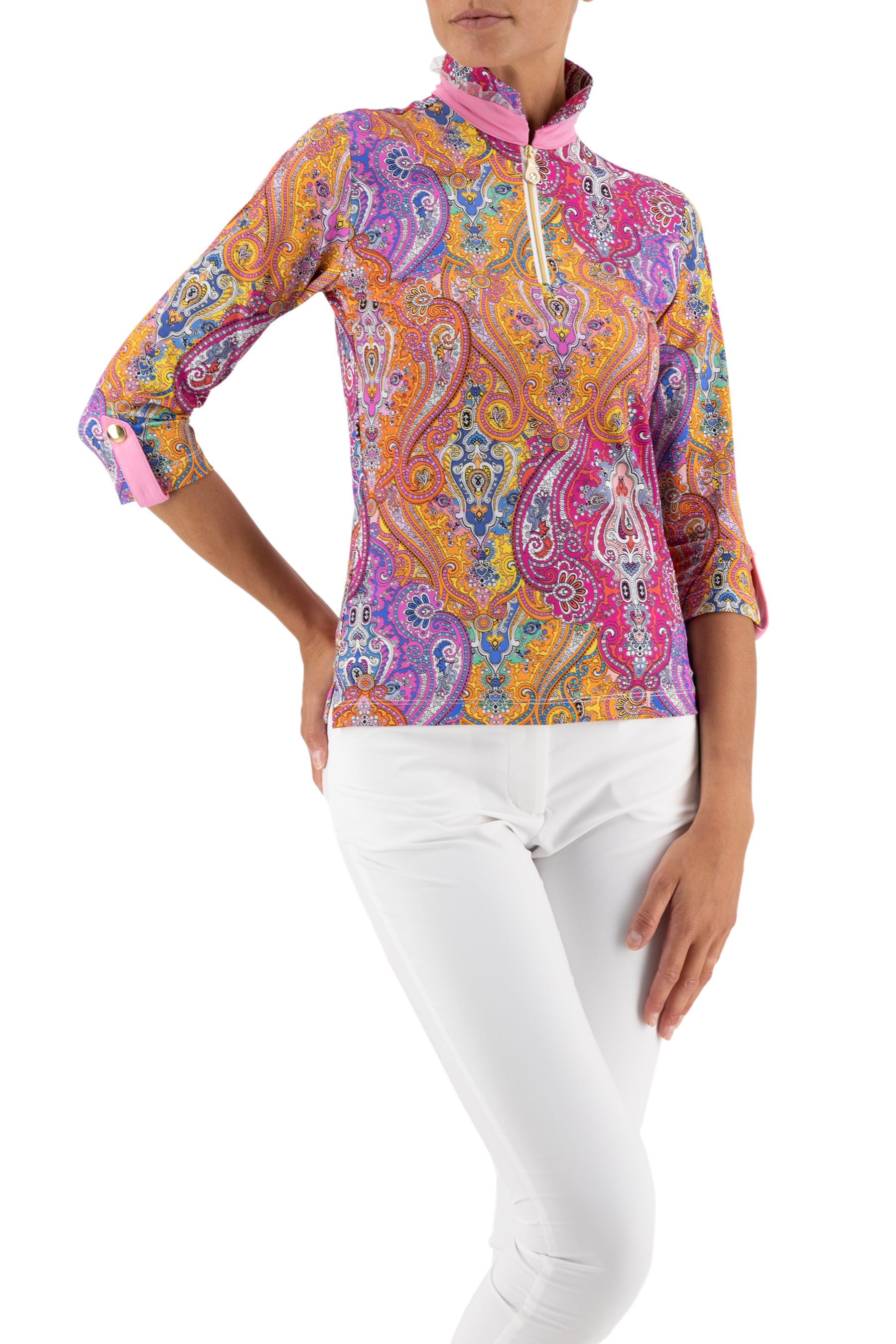 Serena 3/4 Sleeve Top in Pink Paisley jewel print-Bubblegum