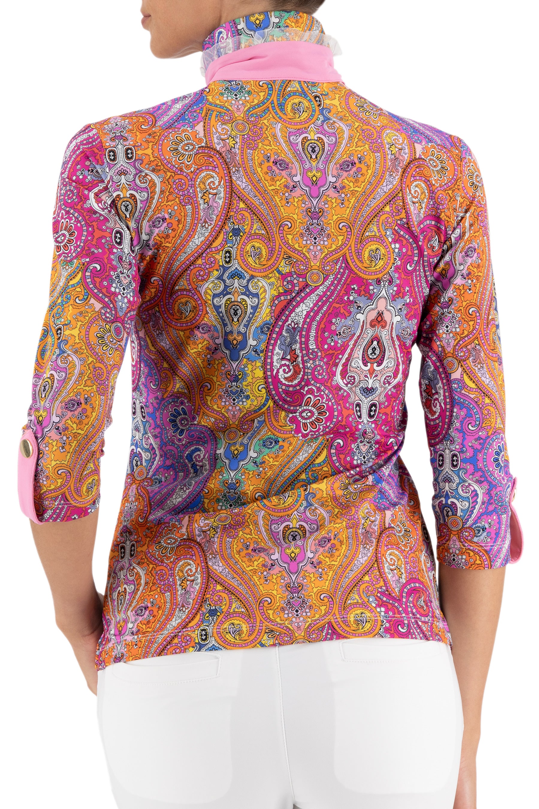 Serena 3/4 Sleeve Top in Pink Paisley jewel print-Bubblegum
