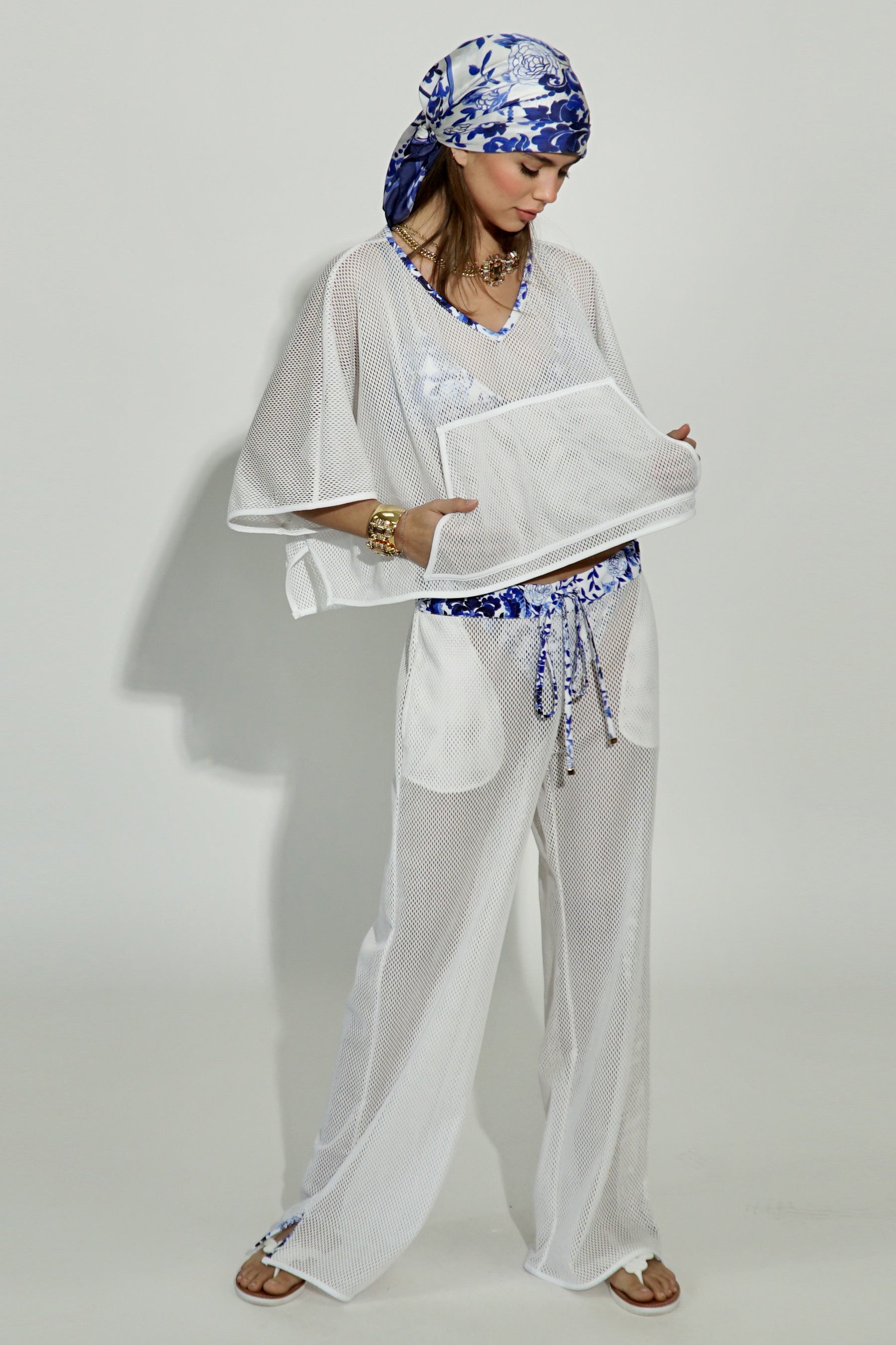 Portofino Italian Lycra Net Lounge Pant with pockets in White-Blue Medallion print