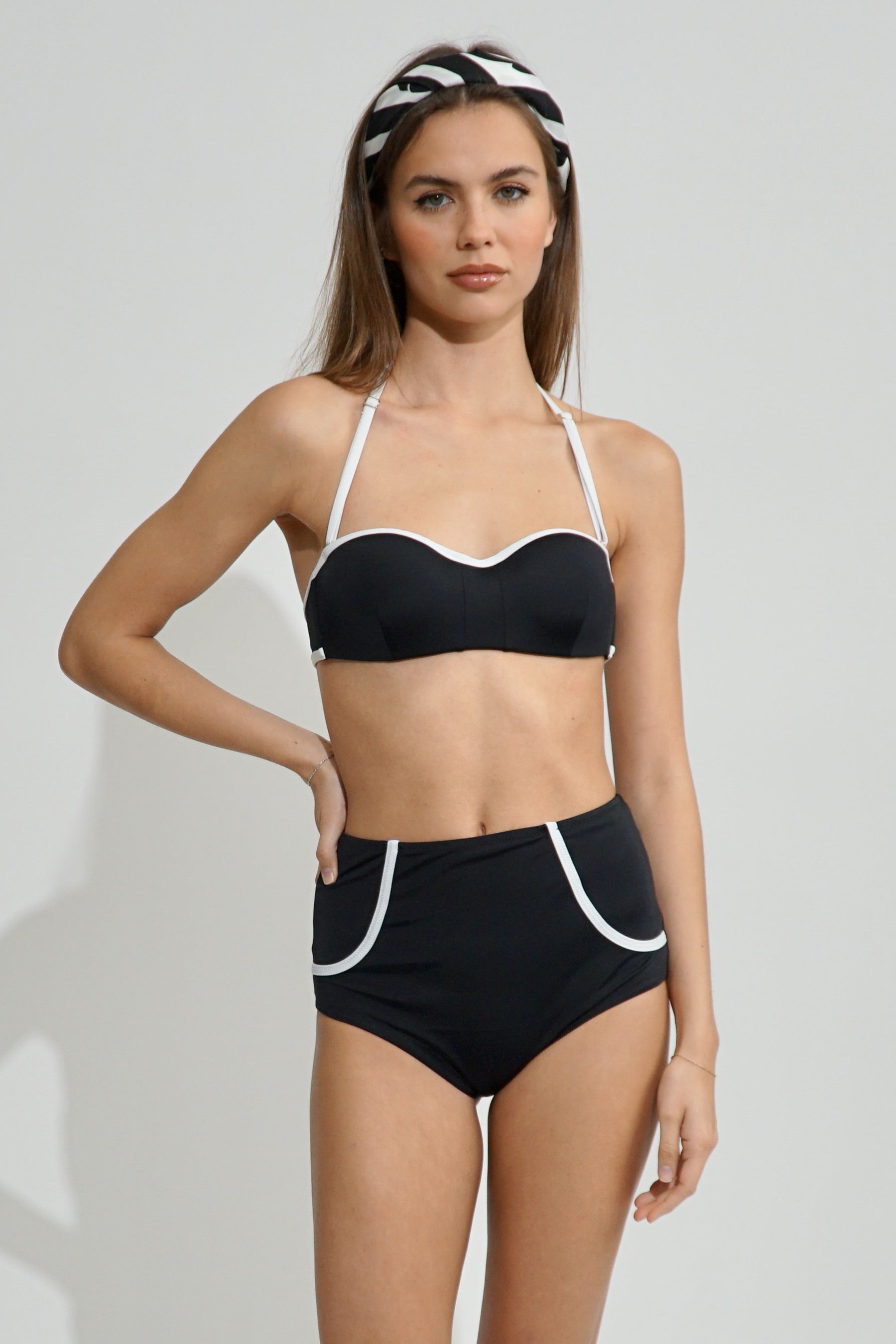 ROMA-B High waist Bottom w/Designer Piping in Black-white