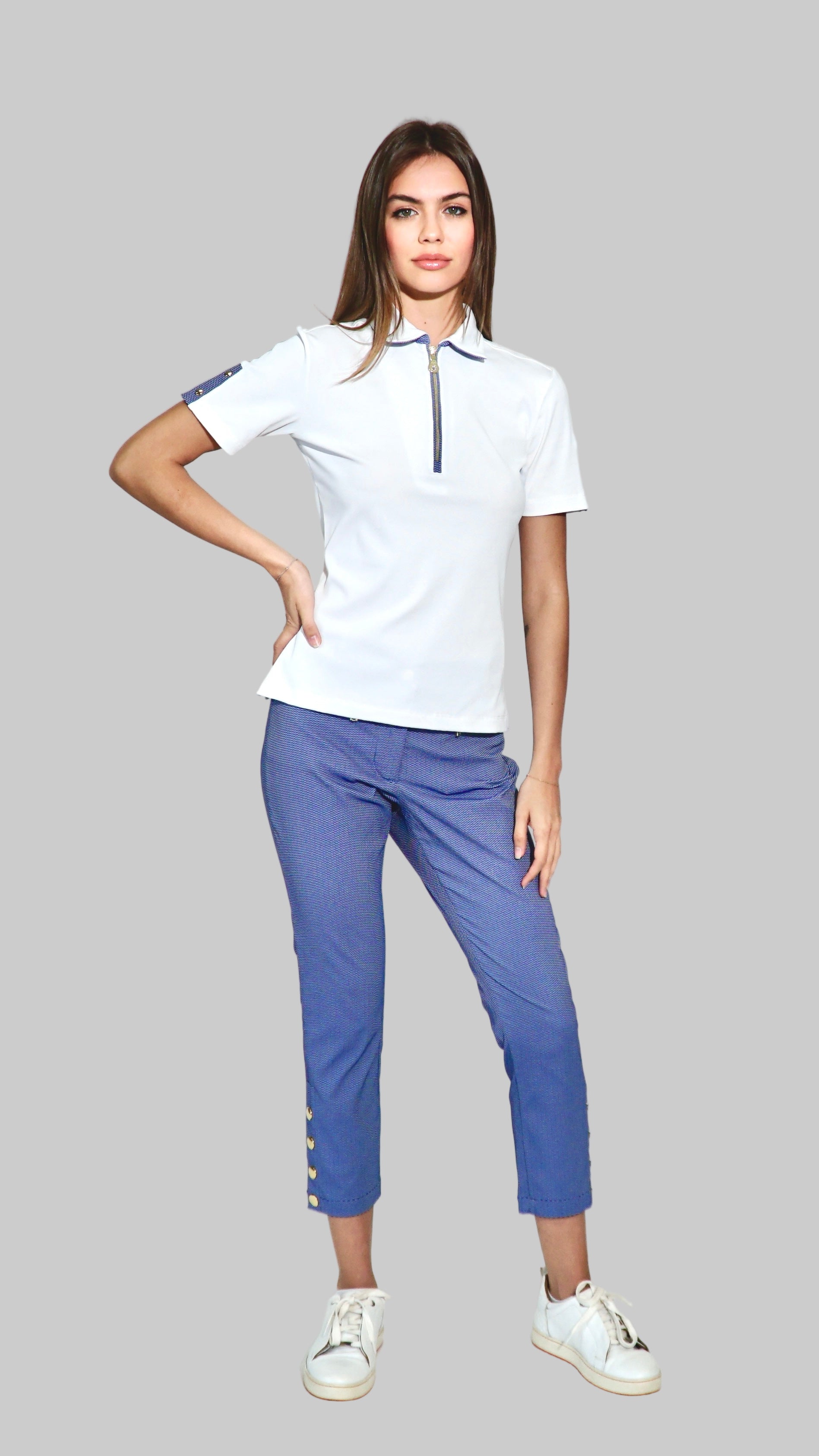 Bettina Crop Pant in Royal Bue Pebble Jacquard w. zipper side panel