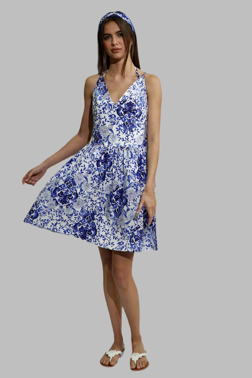 Treviso Dress with Criss Cross Adjustable Straps in Sardegna Blue