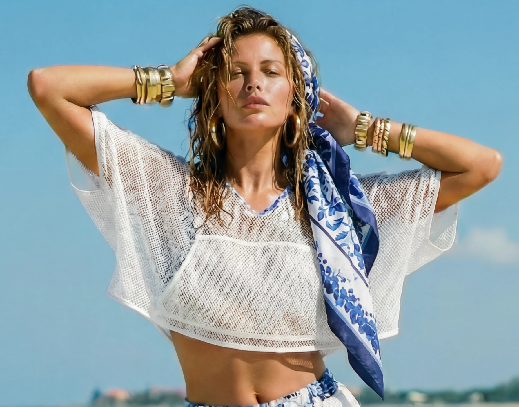 Firenze Cape Top in White Lycra Net-Medallion Print trim