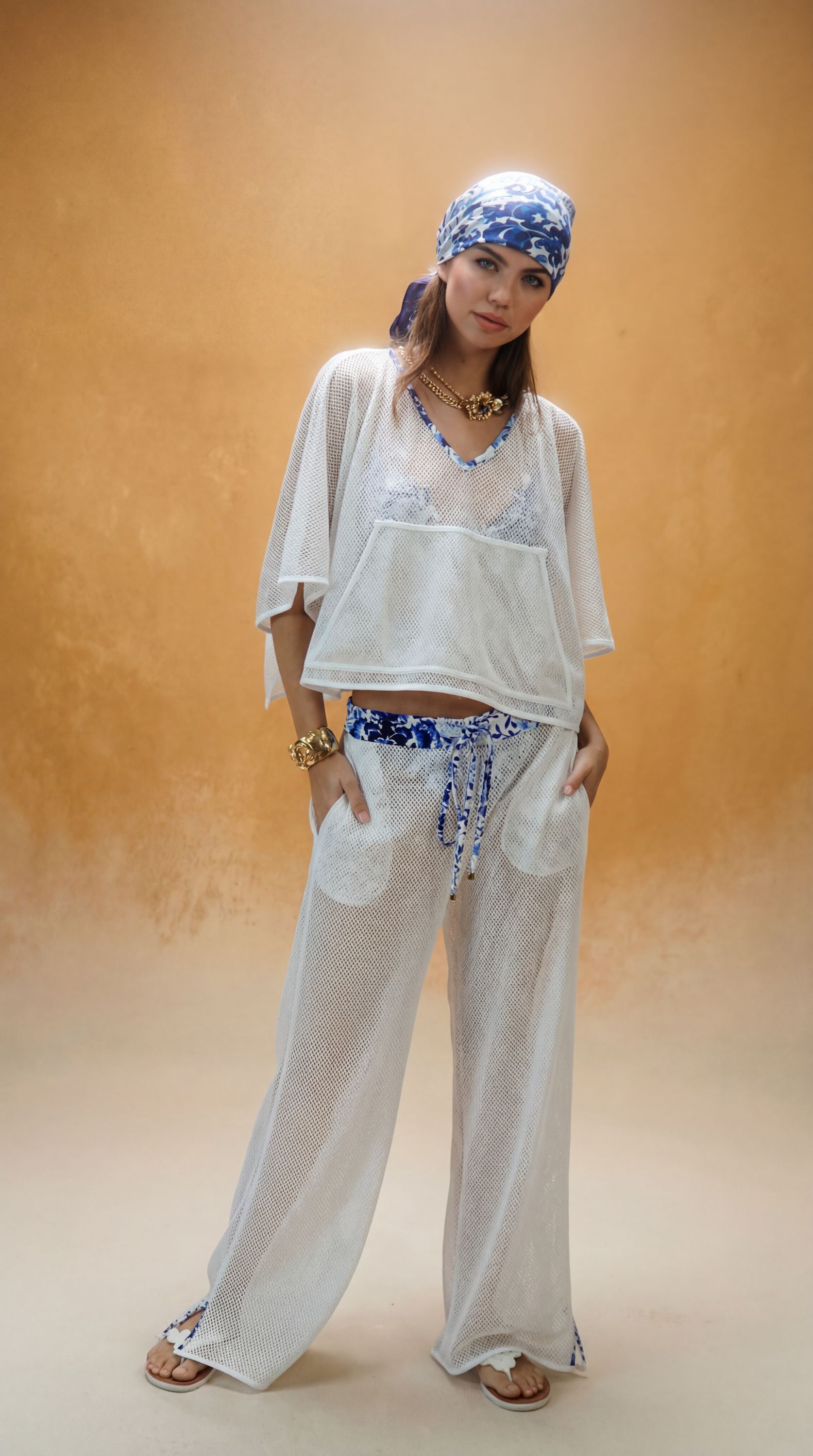 Firenze Cape Top in White Lycra Net-Medallion Print trim