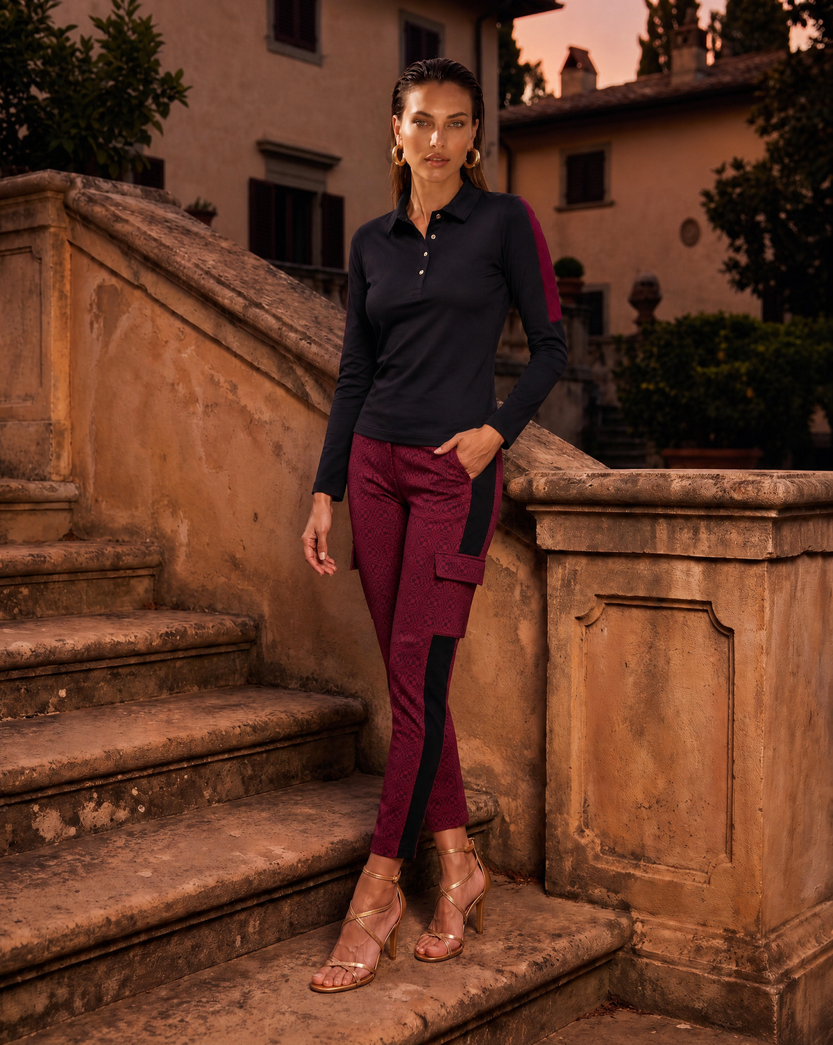 CATERINA Cargo Ankle Pant in cranberry piazetta jacquard