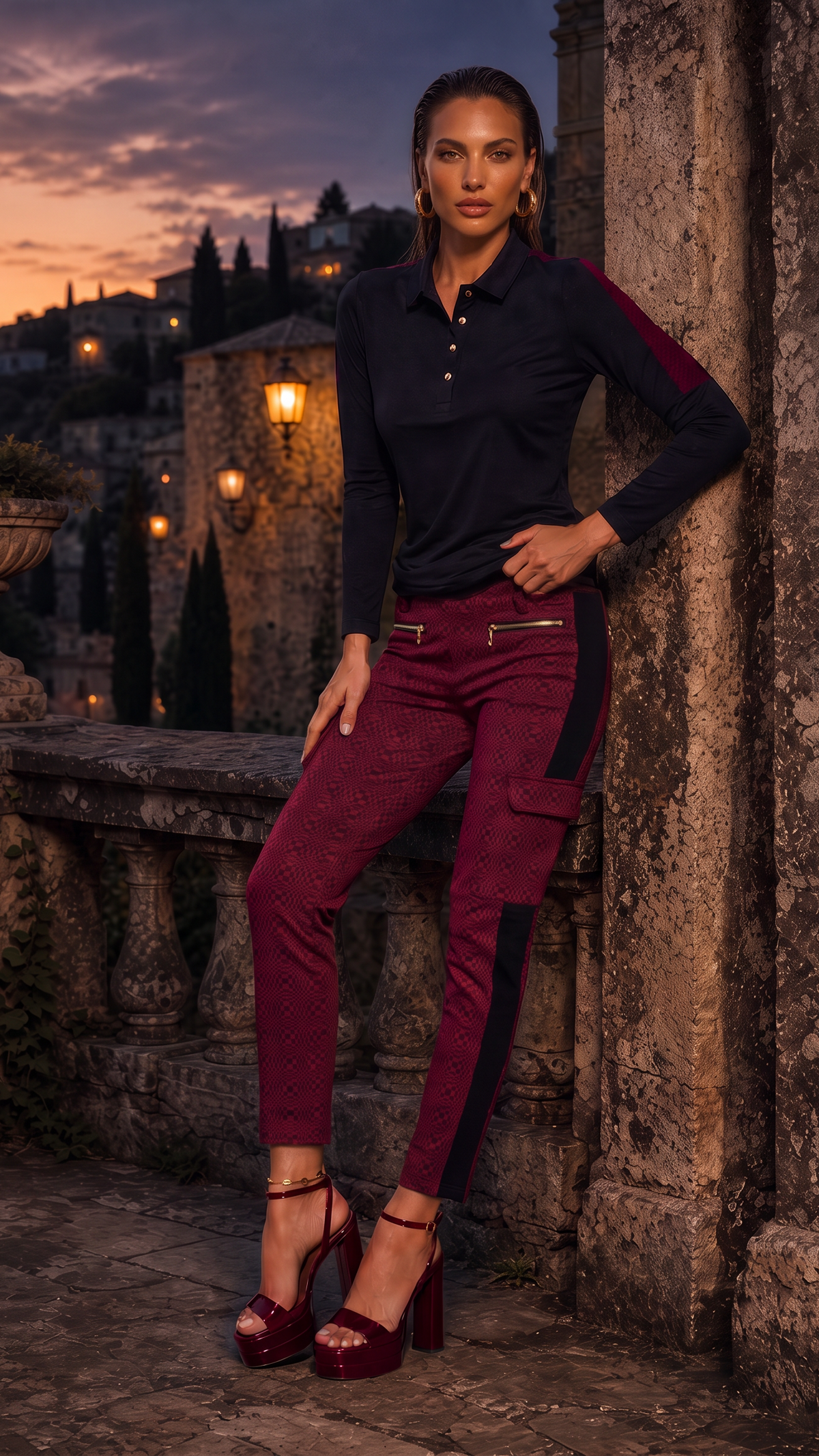 CATERINA Cargo Ankle Pant in cranberry piazetta jacquard