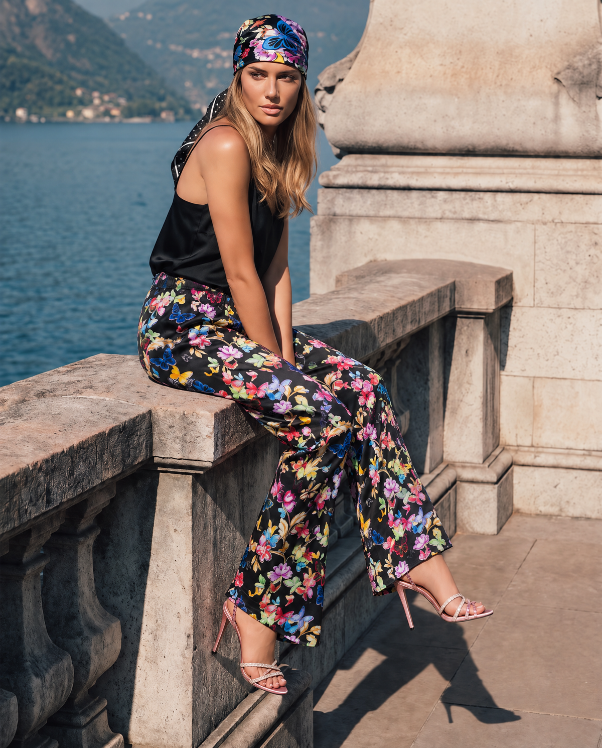 Portofino Silk Pant in Black Multi Butterfly