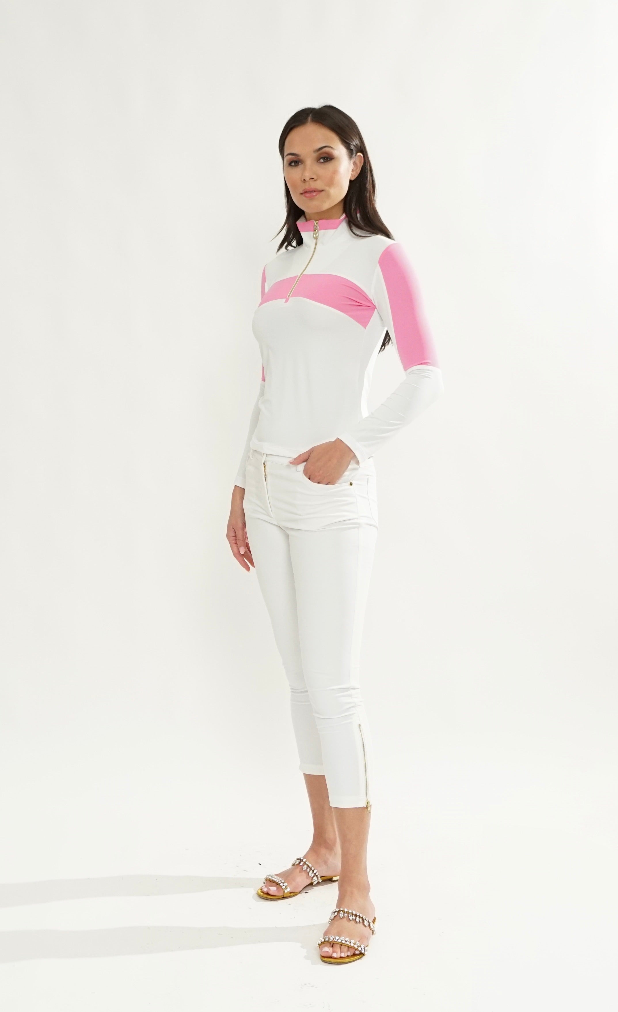 Alessa Long Sleeve 1/4 Zip Top in White/Bubblegum Pink