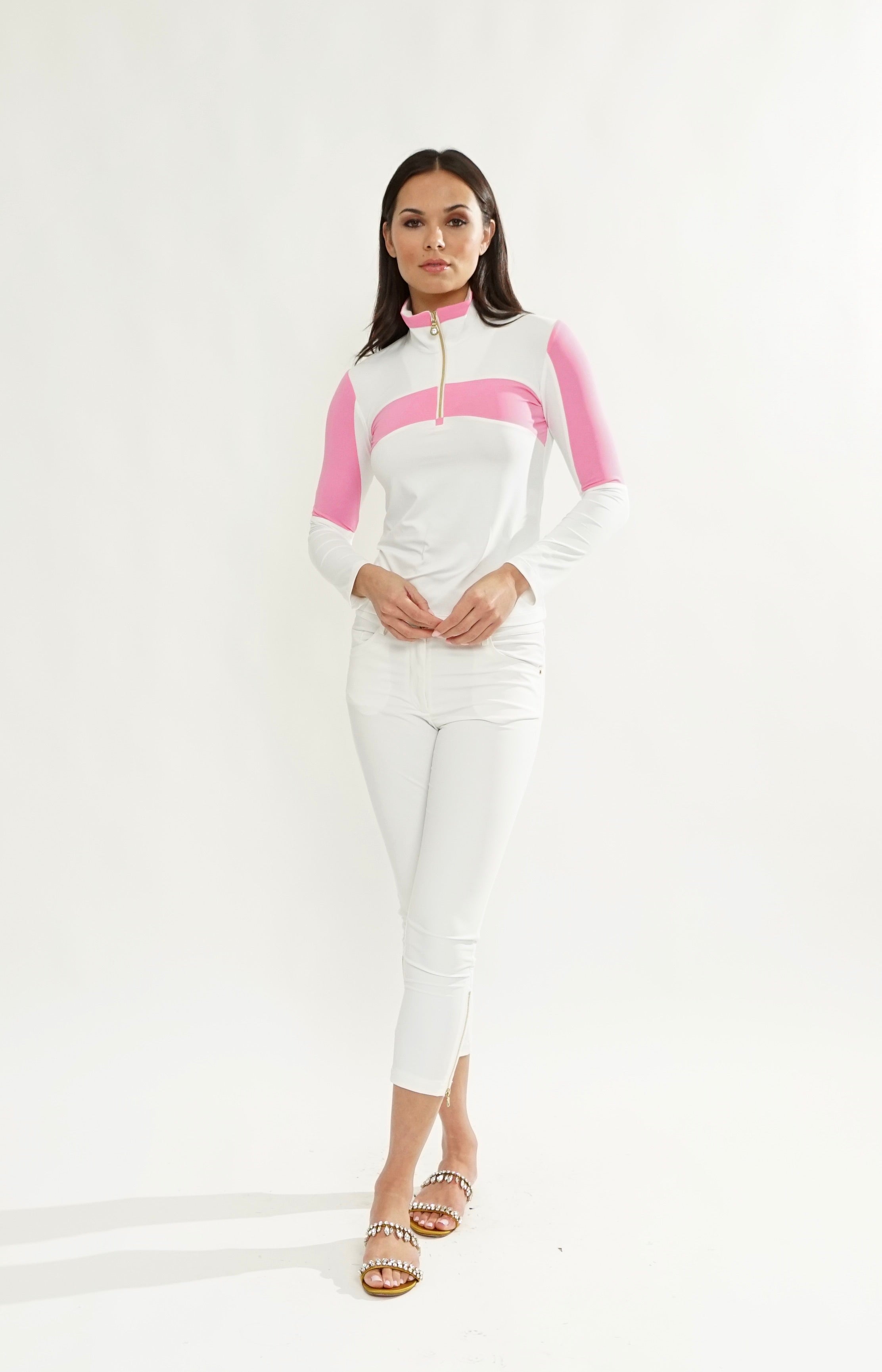 Alessa Long Sleeve 1/4 Zip Top in White/Bubblegum Pink