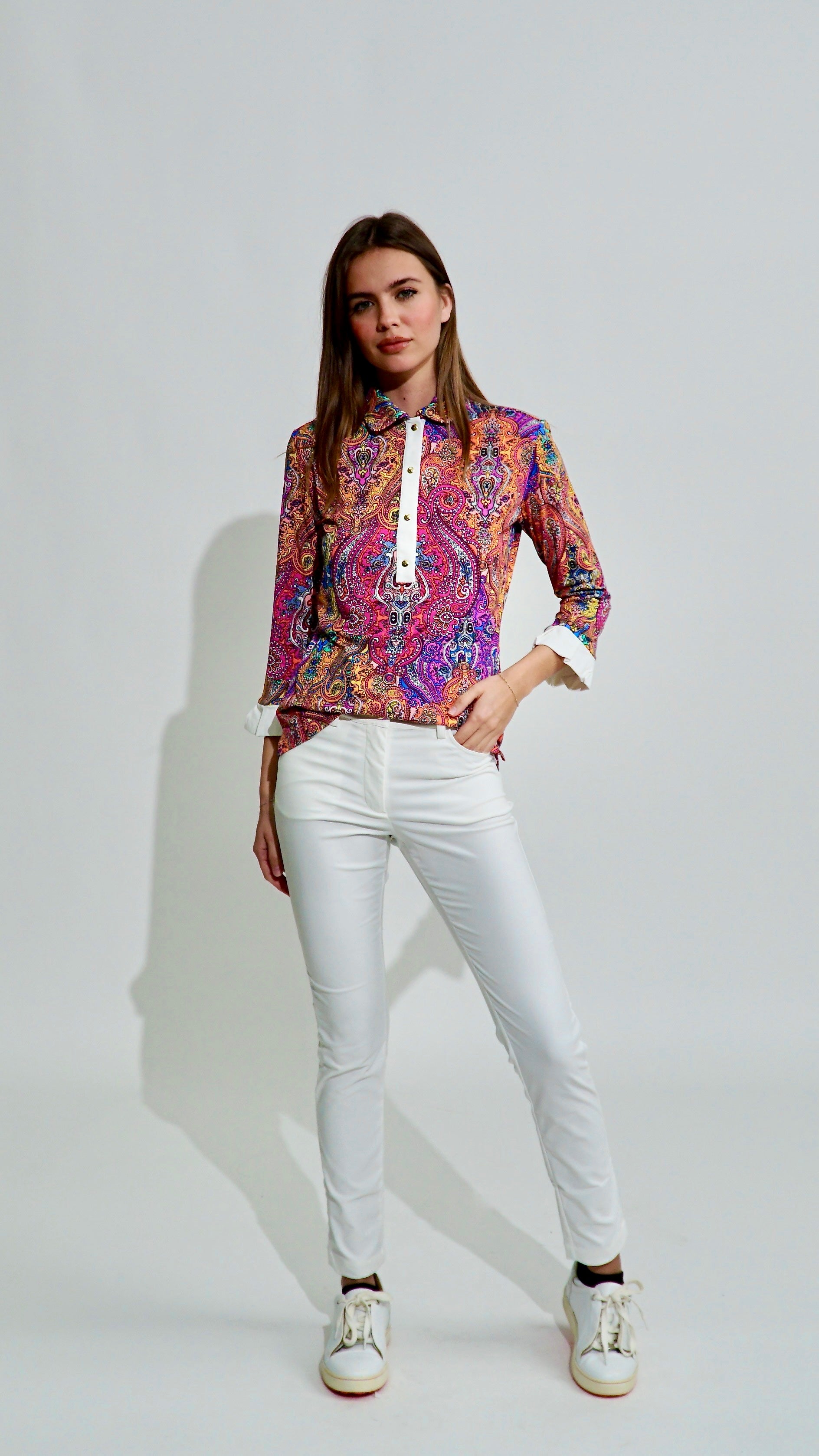 Clara 3/4 sleeve top in Pink Paisley Jewels