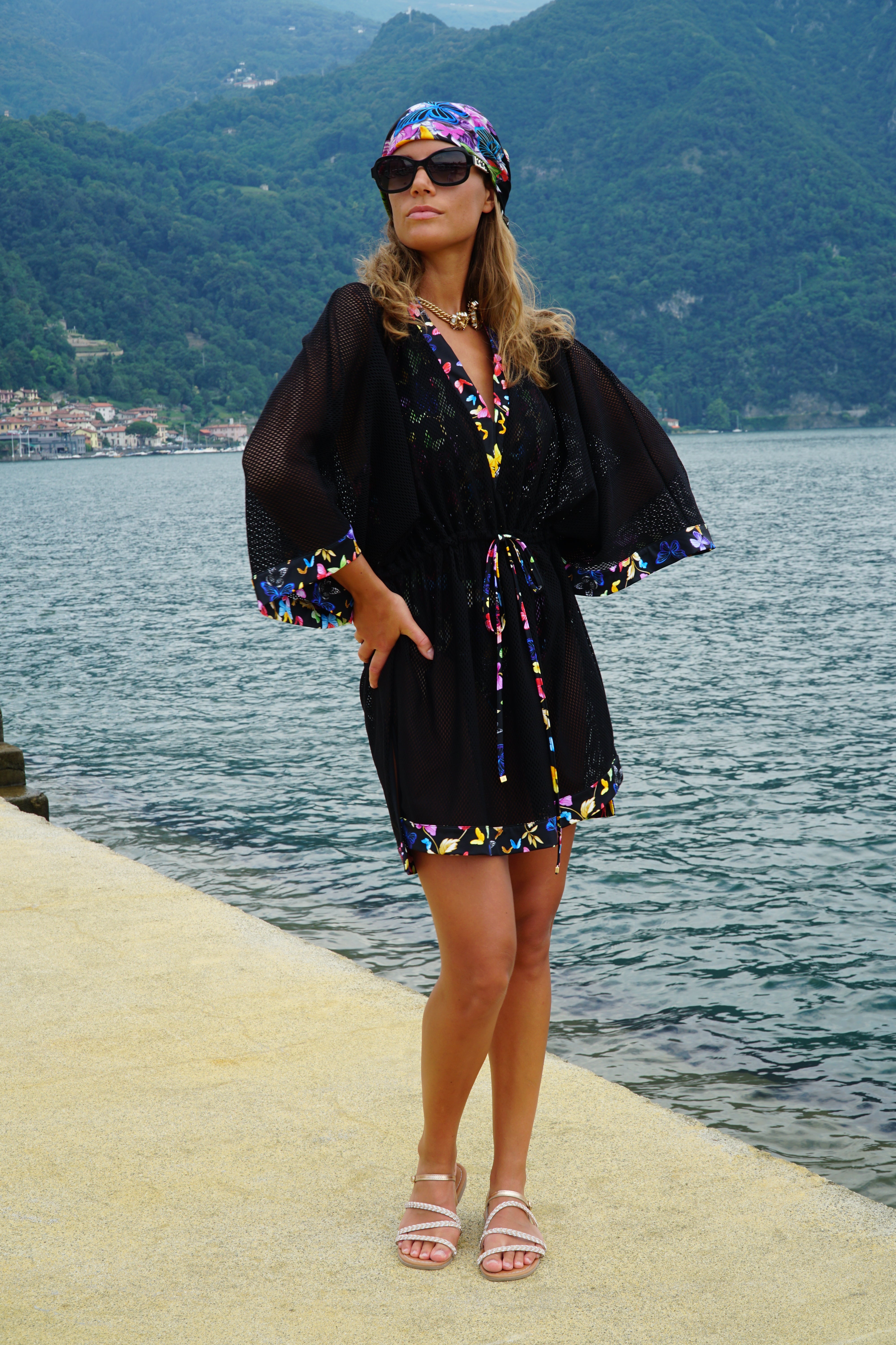 Maggio Italian Lycra Net Black Kaftan with butterfly print detail