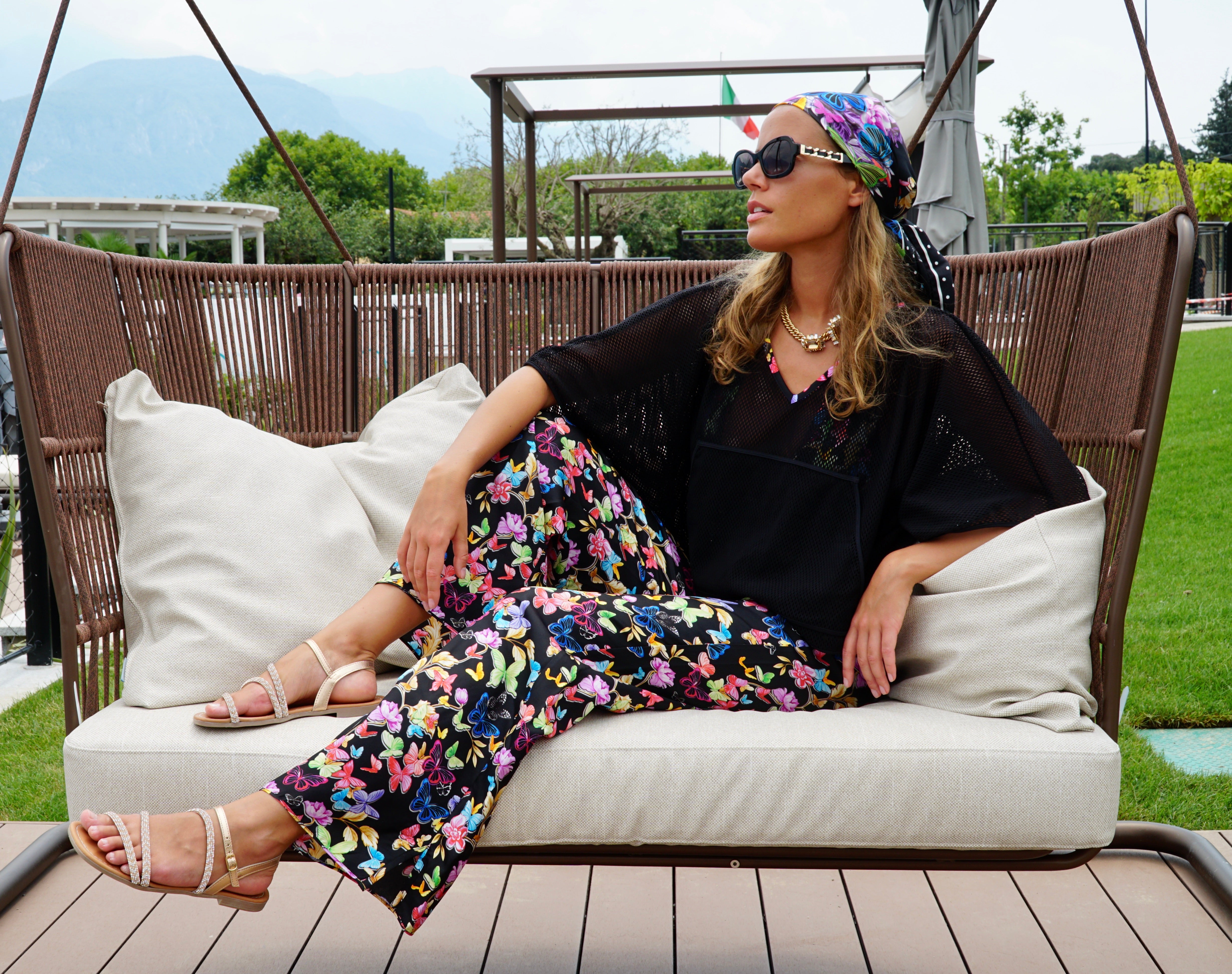 Silk twill Scarf in Black Butterfly, Made In Italy